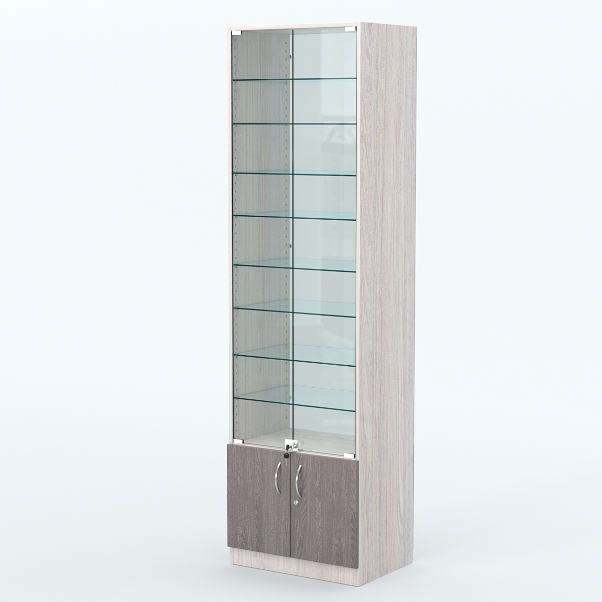 Торговая витрина с 8-ю стеклянными полками 400x600 мм серии NEXT-8 №7-1 (З/C - СТЕКЛО) Ясень Анкор светлый + Ясень Анкор темный