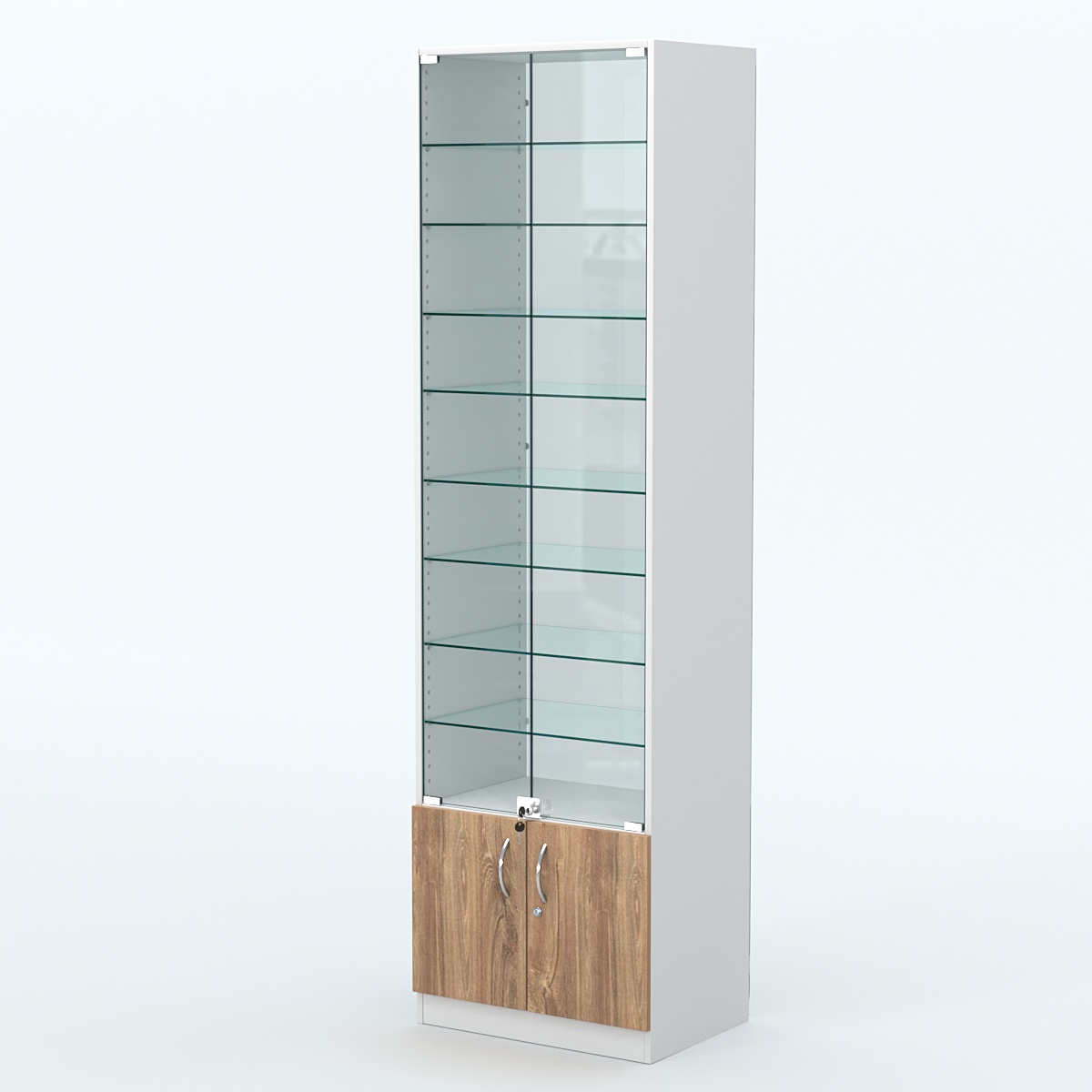 Торговая витрина с 8-ю стеклянными полками 400x600 мм серии NEXT-8 №7-1 (З/C - СТЕКЛО) Белый + Дуб канзас коричневый
