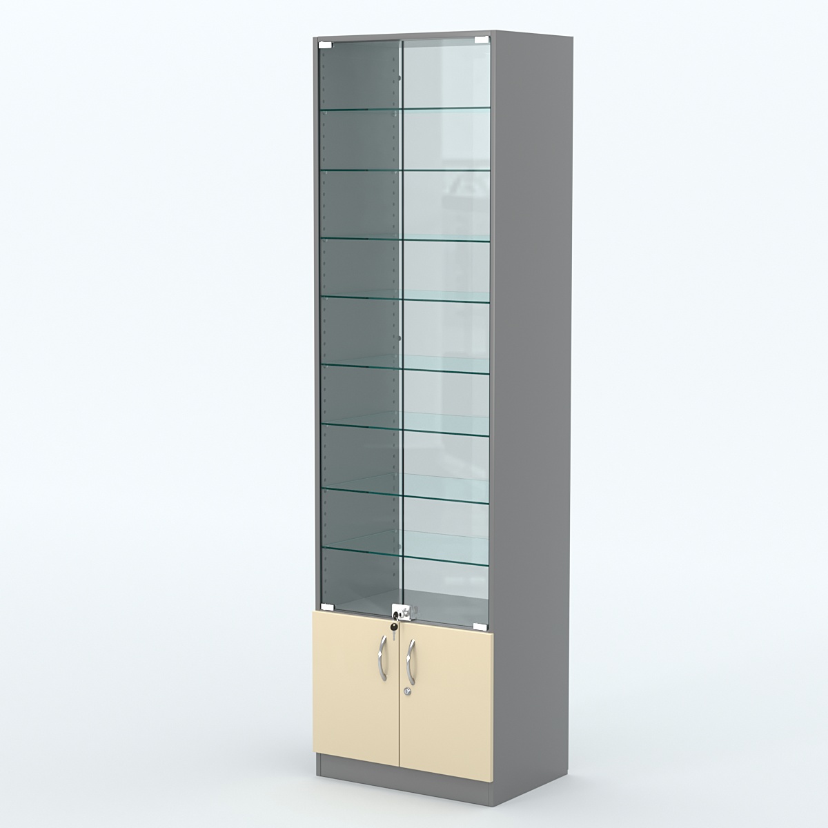 Торговая витрина с 8-ю стеклянными полками 400x600 мм серии NEXT-8 №7-1 (З/C - СТЕКЛО) Темно-серый + Крем Вайс