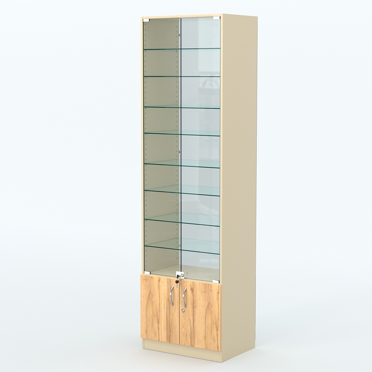 Торговая витрина с 8-ю стеклянными полками 400x600 мм серии NEXT-8 №7-1 (З/C - СТЕКЛО) Крем Вайс и Дуб Золотистый