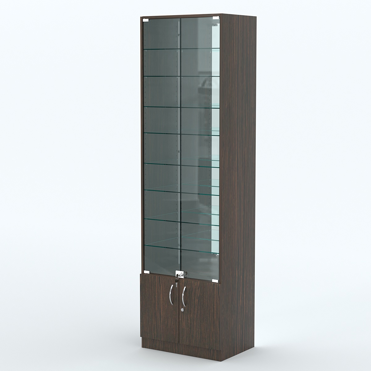 Торговая витрина с 8-ю стеклянными полками 400x600 мм серии NEXT-8 №7-2 (З/C - ЗЕРКАЛО) Дуб Венге