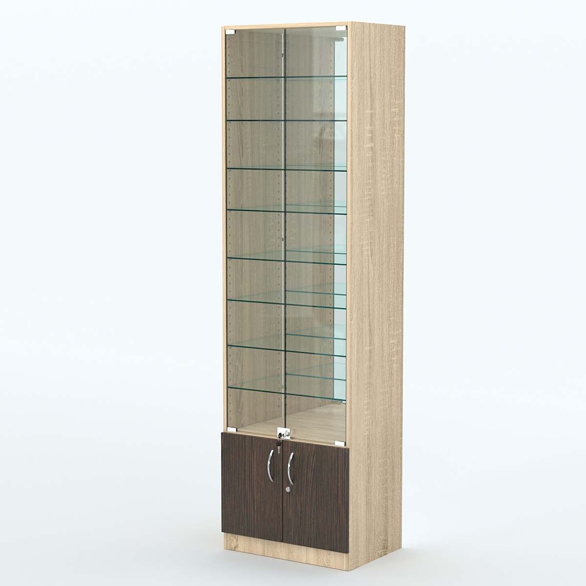 Торговая витрина с 8-ю стеклянными полками 400x600 мм серии NEXT-8 №7-2 (З/C - ЗЕРКАЛО) Дуб Сонома + Дуб Венге