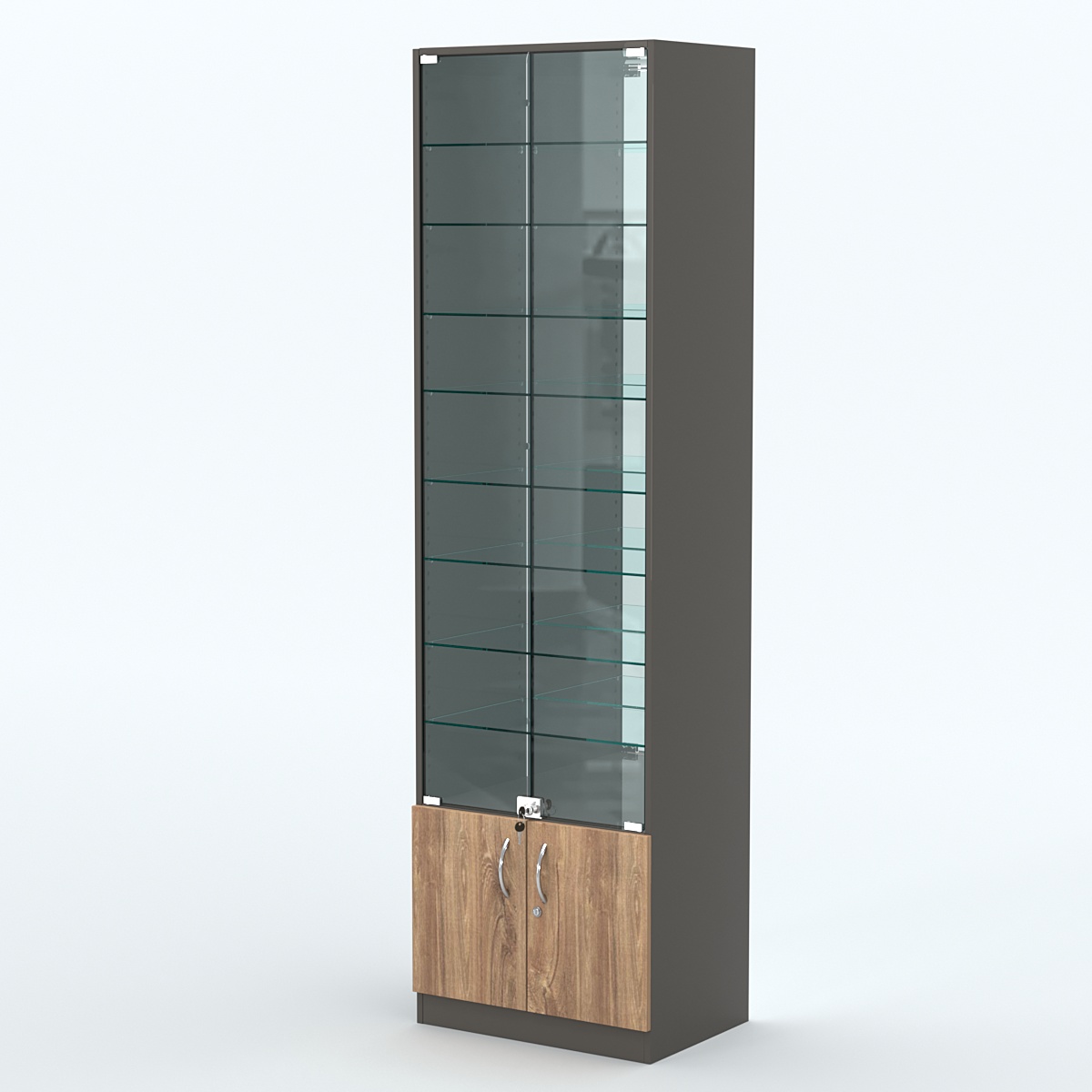 Торговая витрина с 8-ю стеклянными полками 400x600 мм серии NEXT-8 №7-2 (З/C - ЗЕРКАЛО) Черный + Дуб Канзас Коричневый