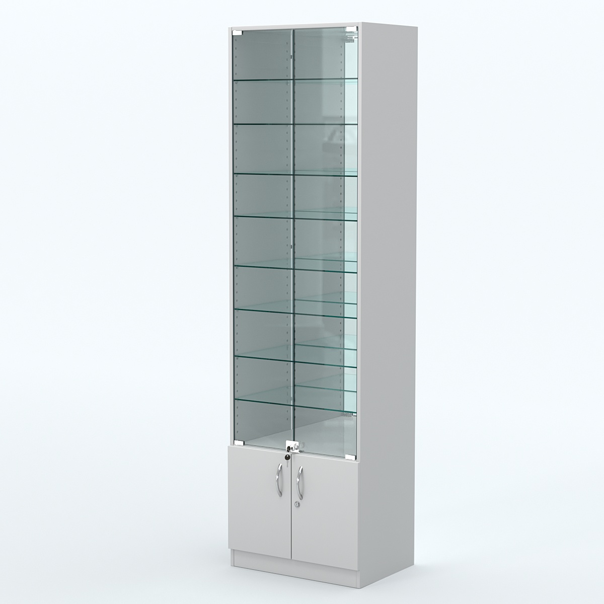 Торговая витрина с 8-ю стеклянными полками 400x600 мм серии NEXT-8 №7-2 (З/C - ЗЕРКАЛО) Серый