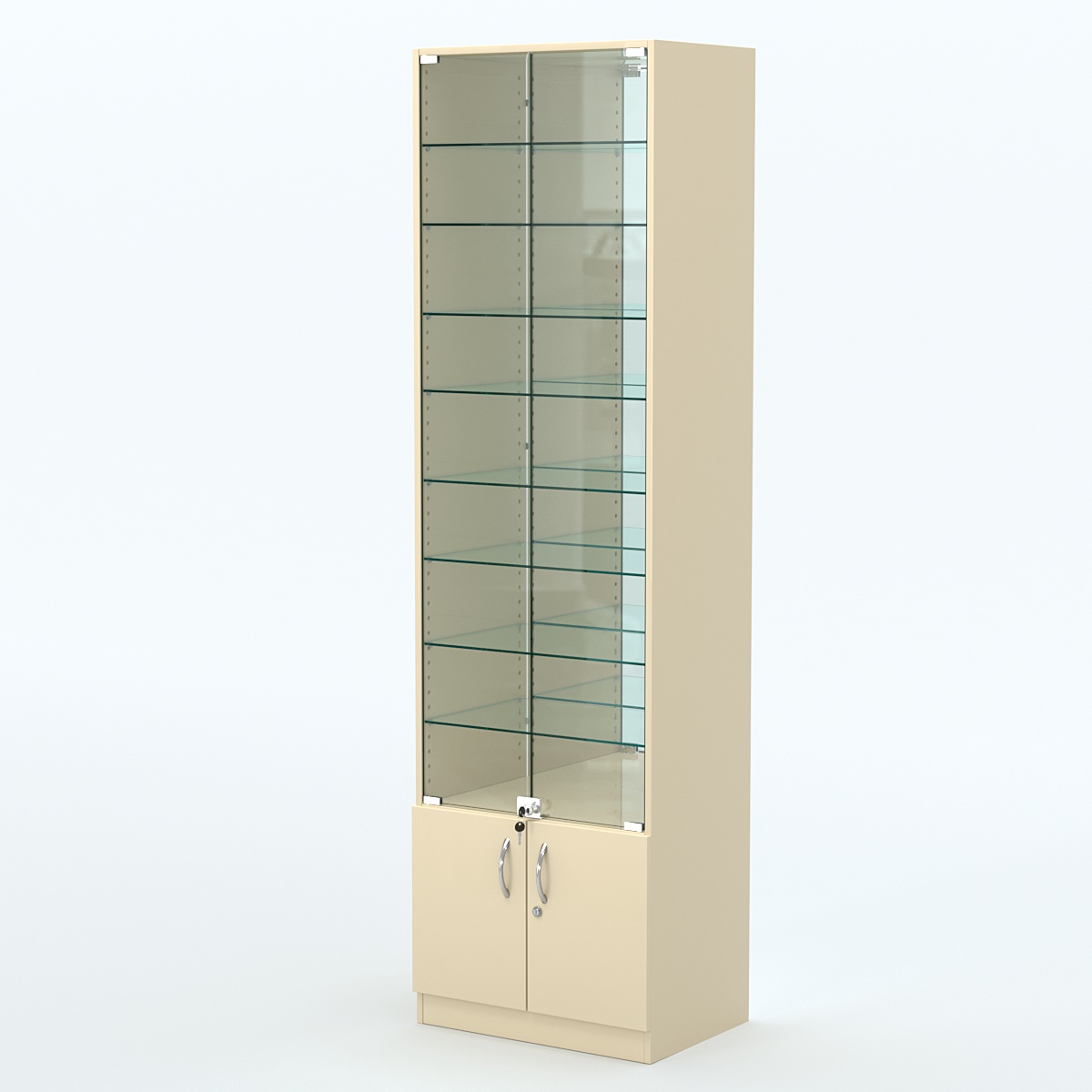 Торговая витрина с 8-ю стеклянными полками 400x600 мм серии NEXT-8 №7-2 (З/C - ЗЕРКАЛО) Крем Вайс