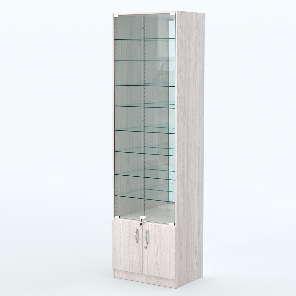 Торговая витрина с 8-ю стеклянными полками 400x600 мм серии NEXT-8 №7-2 (З/C - ЗЕРКАЛО) Ясень Анкор светлый