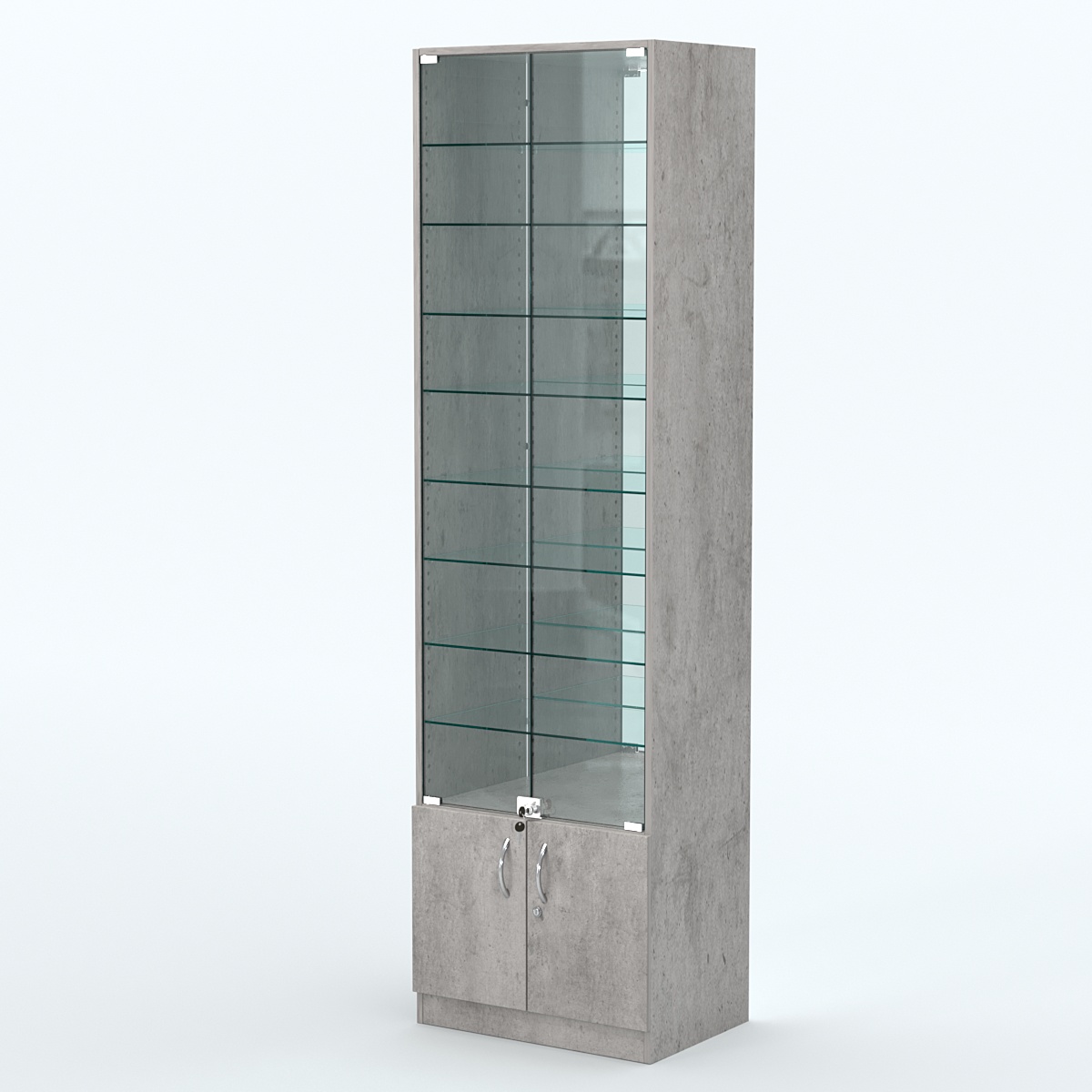 Торговая витрина с 8-ю стеклянными полками 400x600 мм серии NEXT-8 №7-2 (З/C - ЗЕРКАЛО) Бетон Чикаго светло-серый F186 ST9