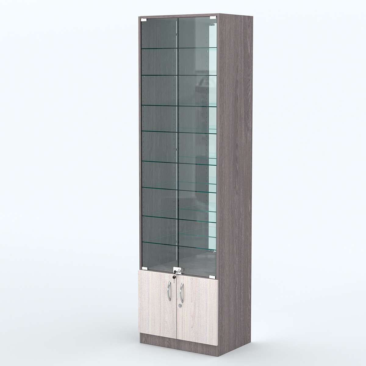 Торговая витрина с 8-ю стеклянными полками 400x600 мм серии NEXT-8 №7-2 (З/C - ЗЕРКАЛО) Ясень Анкор темный + Ясень Анкор светлый