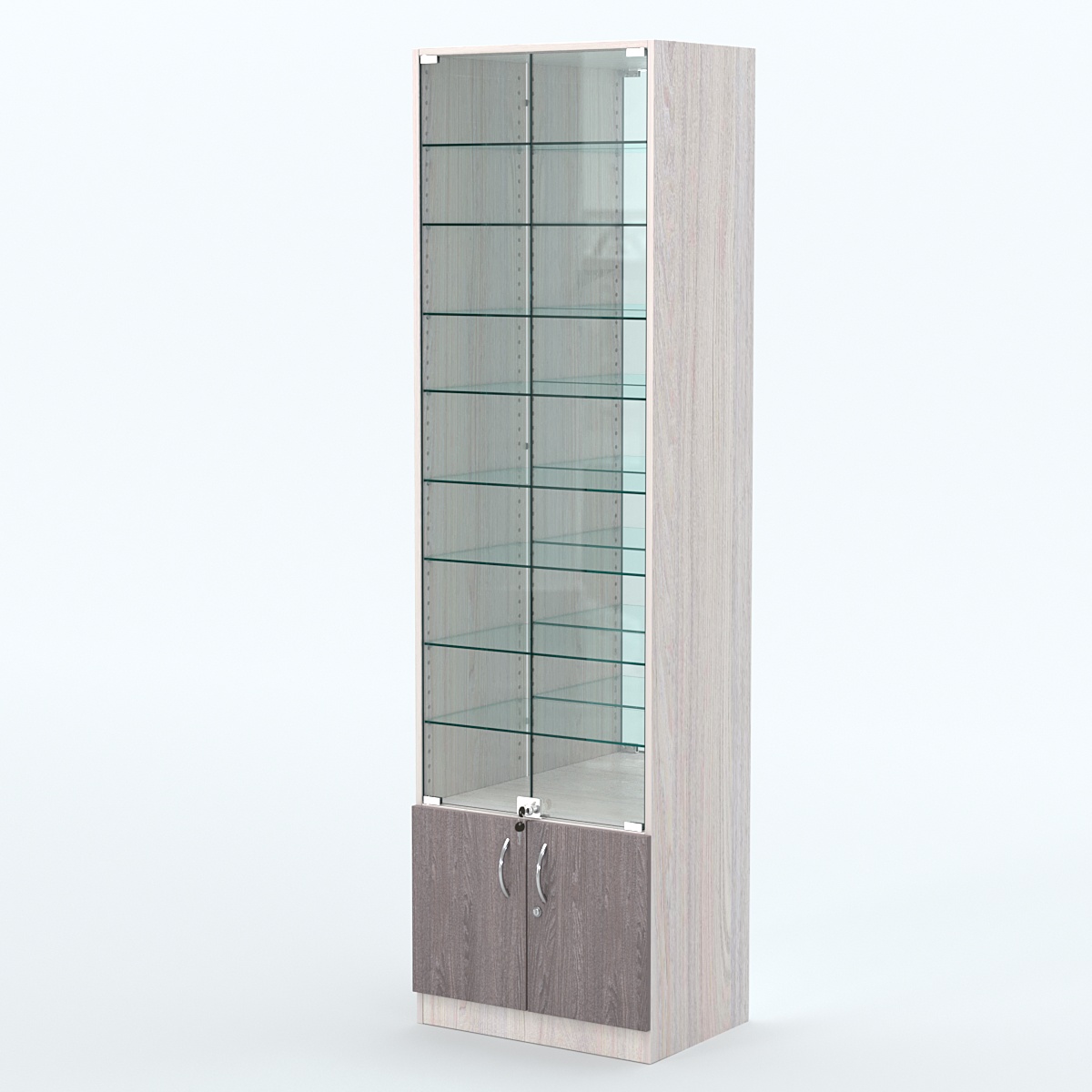 Торговая витрина с 8-ю стеклянными полками 400x600 мм серии NEXT-8 №7-2 (З/C - ЗЕРКАЛО) Ясень Анкор светлый + Ясень Анкор темный