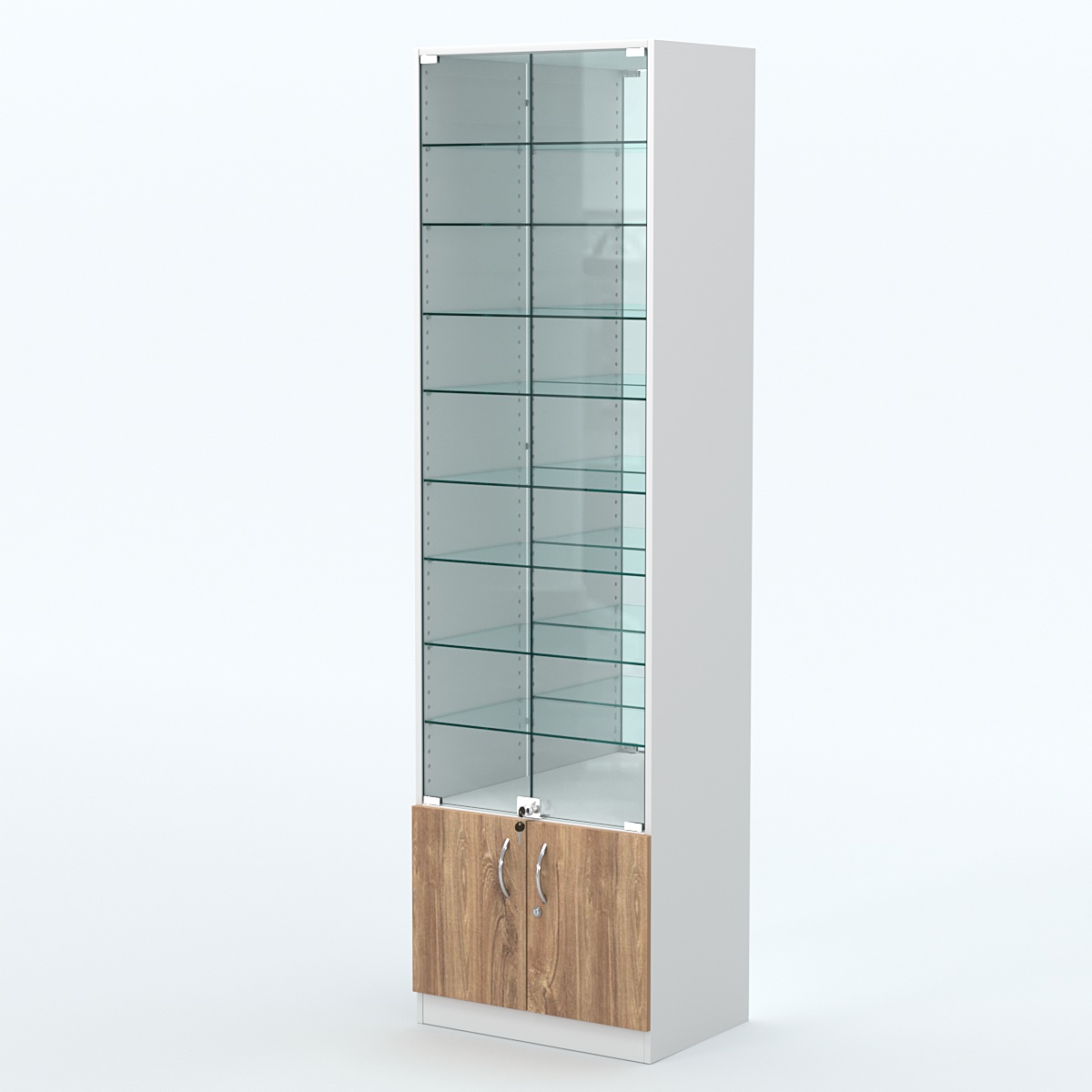 Торговая витрина с 8-ю стеклянными полками 400x600 мм серии NEXT-8 №7-2 (З/C - ЗЕРКАЛО) Белый + Дуб канзас коричневый