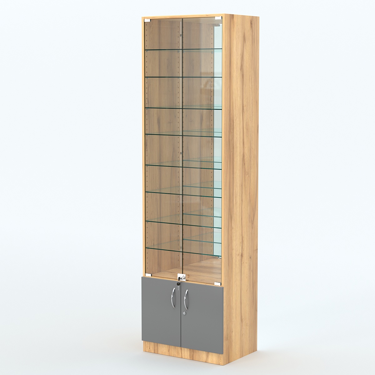 Торговая витрина с 8-ю стеклянными полками 400x600 мм серии NEXT-8 №7-2 (З/C - ЗЕРКАЛО) Дуб Золотистый и Темно-Серый