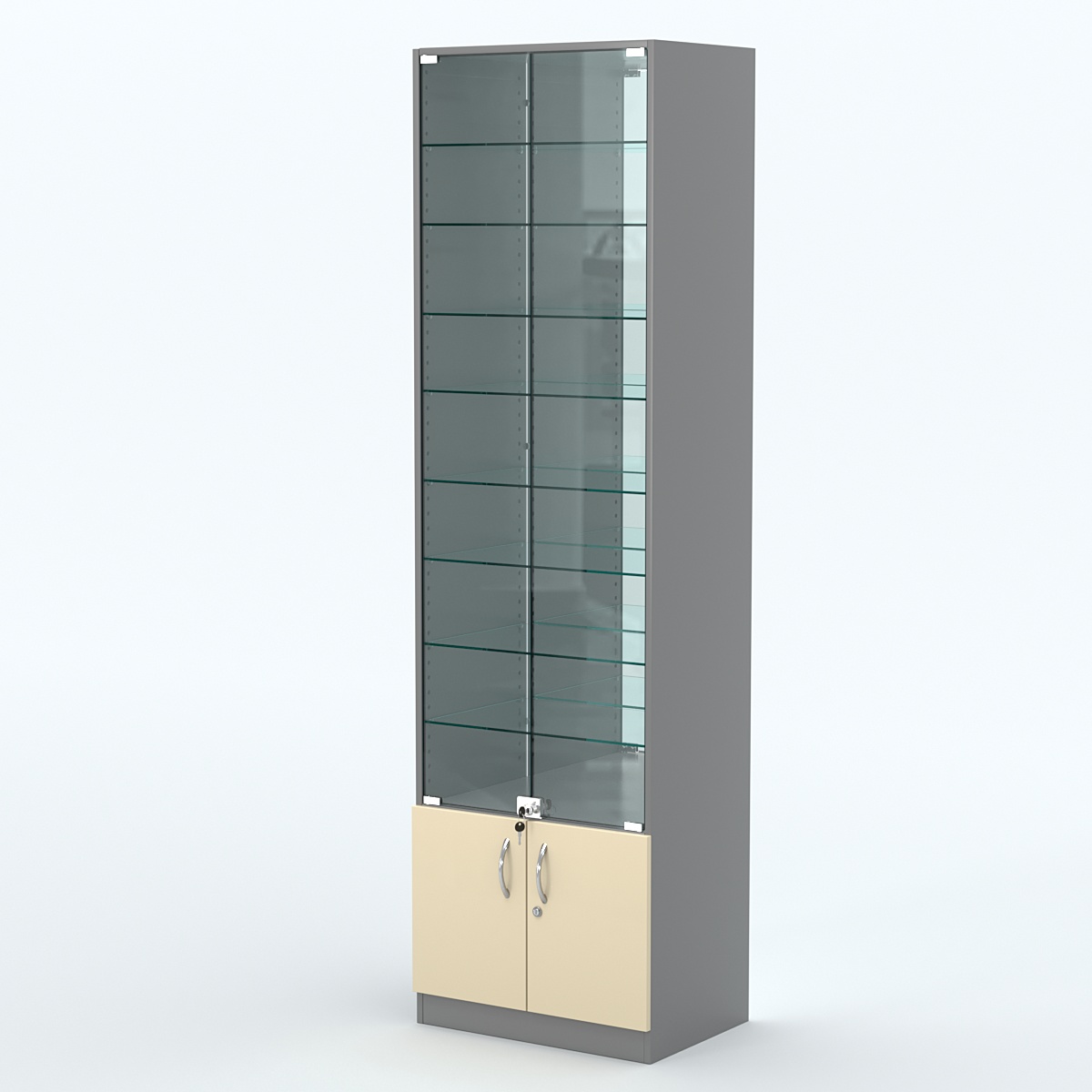 Торговая витрина с 8-ю стеклянными полками 400x600 мм серии NEXT-8 №7-2 (З/C - ЗЕРКАЛО) Темно-серый + Крем Вайс