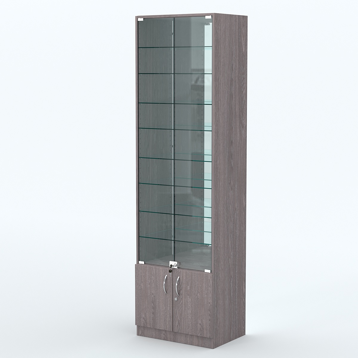 Торговая витрина с 8-ю стеклянными полками 400x600 мм серии NEXT-8 №7-2 (З/C - ЗЕРКАЛО) Ясень Анкор темный