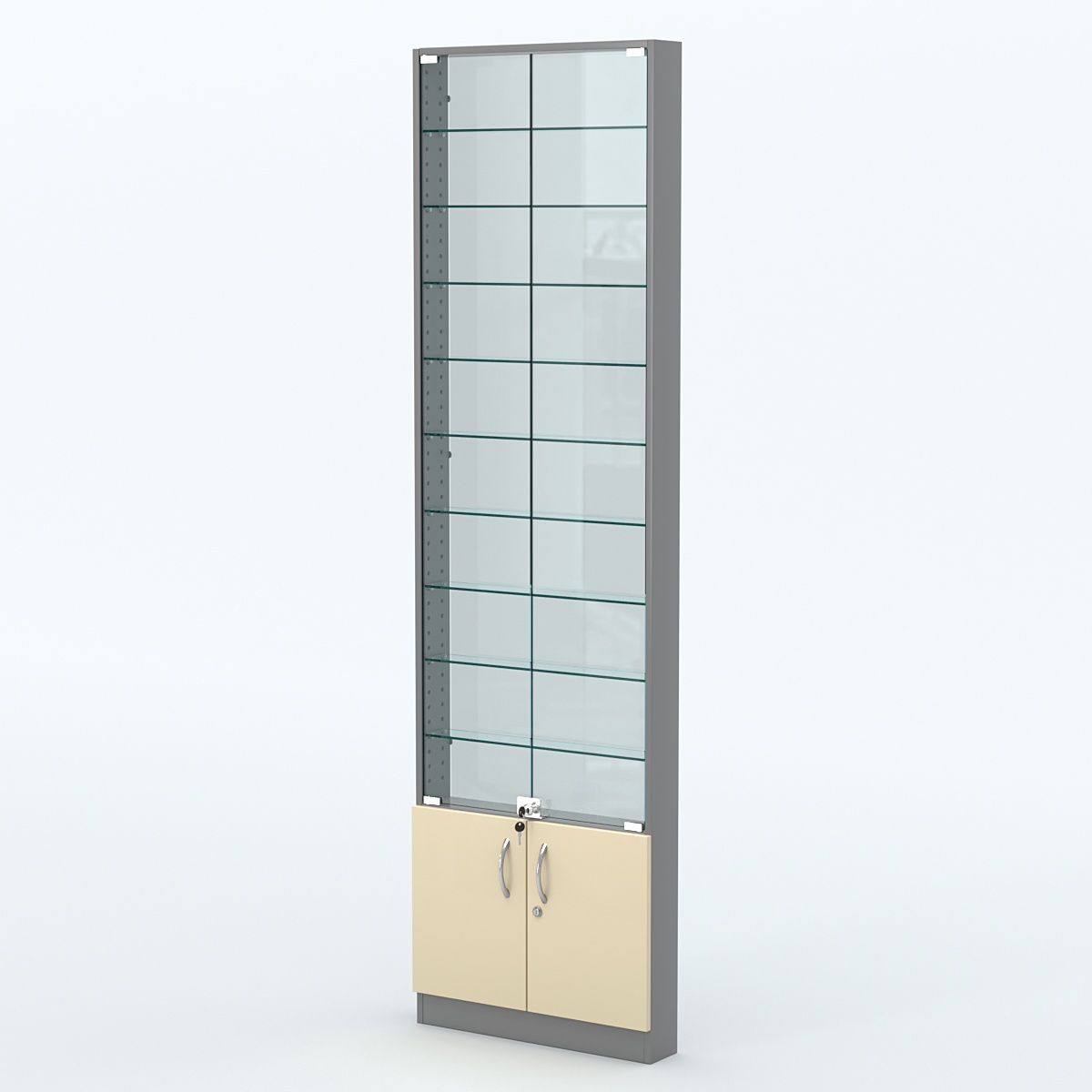 Торговая витрина с 9-ю стеклянными полками 100x600 мм серии NEXT-9 №1-1 (З/C - СТЕКЛО) Темно-серый + Крем Вайс