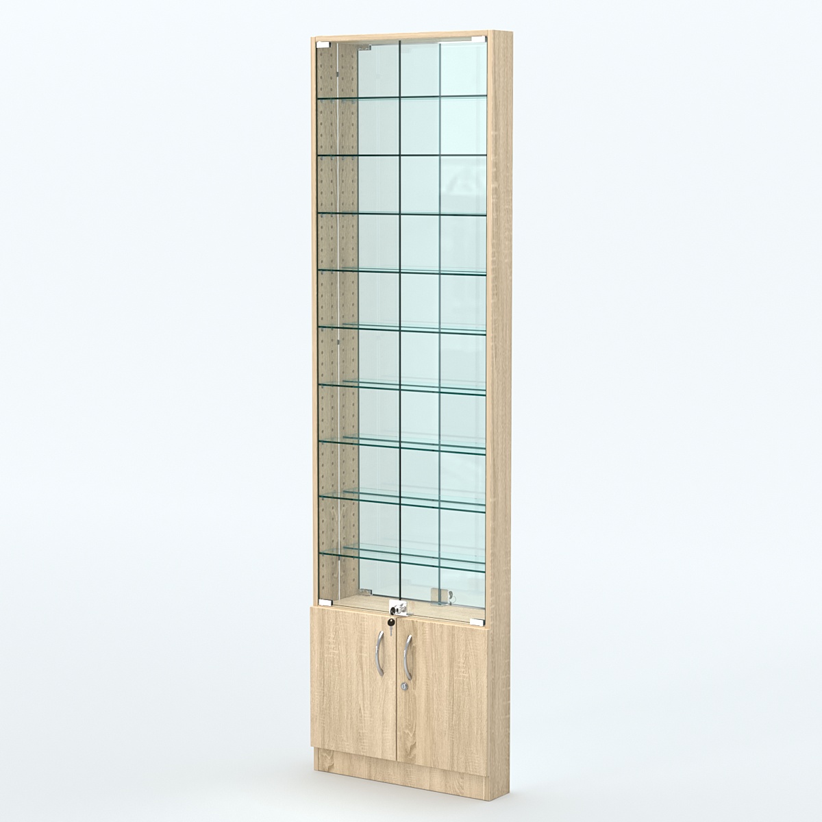 Торговая витрина с 9-ю стеклянными полками 100x600 мм серии NEXT-9 №1-2 (З/C - ЗЕРКАЛО) Дуб сонома