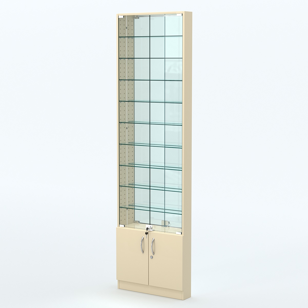 Торговая витрина с 9-ю стеклянными полками 100x600 мм серии NEXT-9 №1-2 (З/C - ЗЕРКАЛО) Крем Вайс