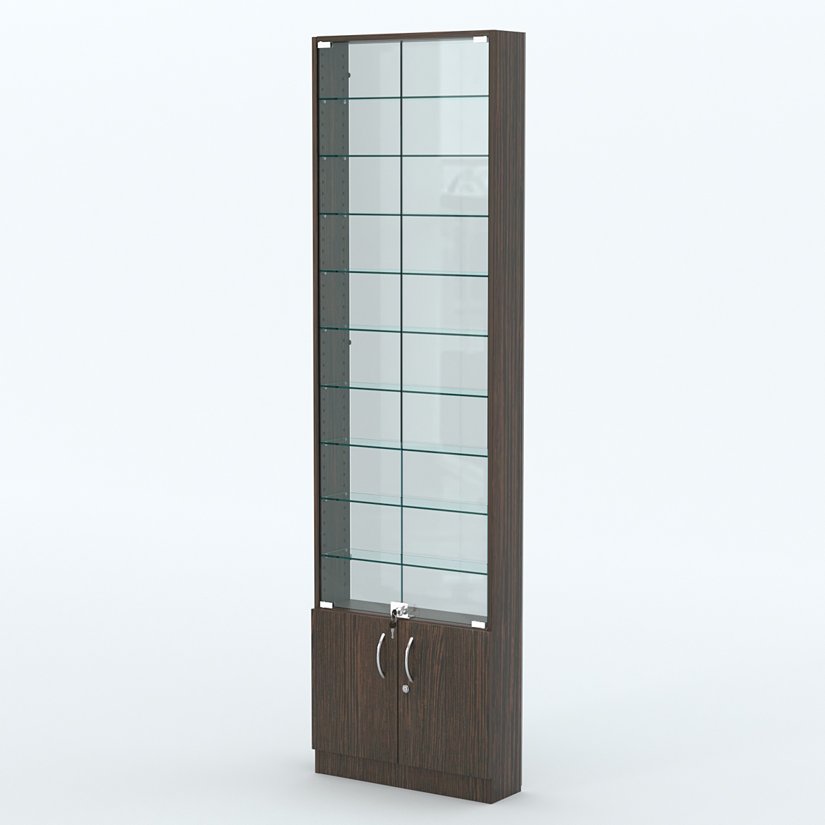 Торговая витрина с 9-ю стеклянными полками 150x600 мм серии NEXT-9 №2-1 (З/C - СТЕКЛО) Дуб Венге