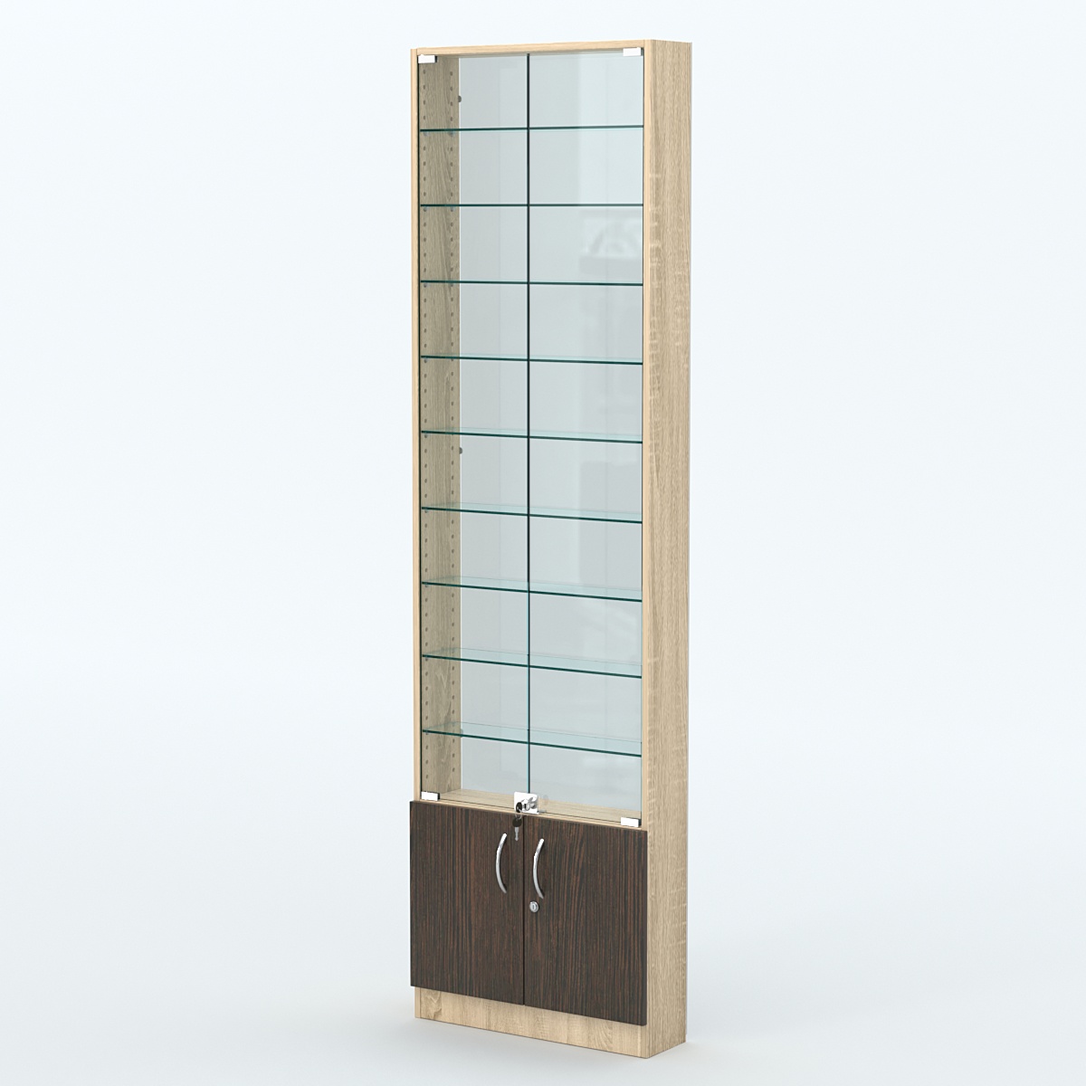 Торговая витрина с 9-ю стеклянными полками 150x600 мм серии NEXT-9 №2-1 (З/C - СТЕКЛО) Дуб Сонома + Дуб Венге