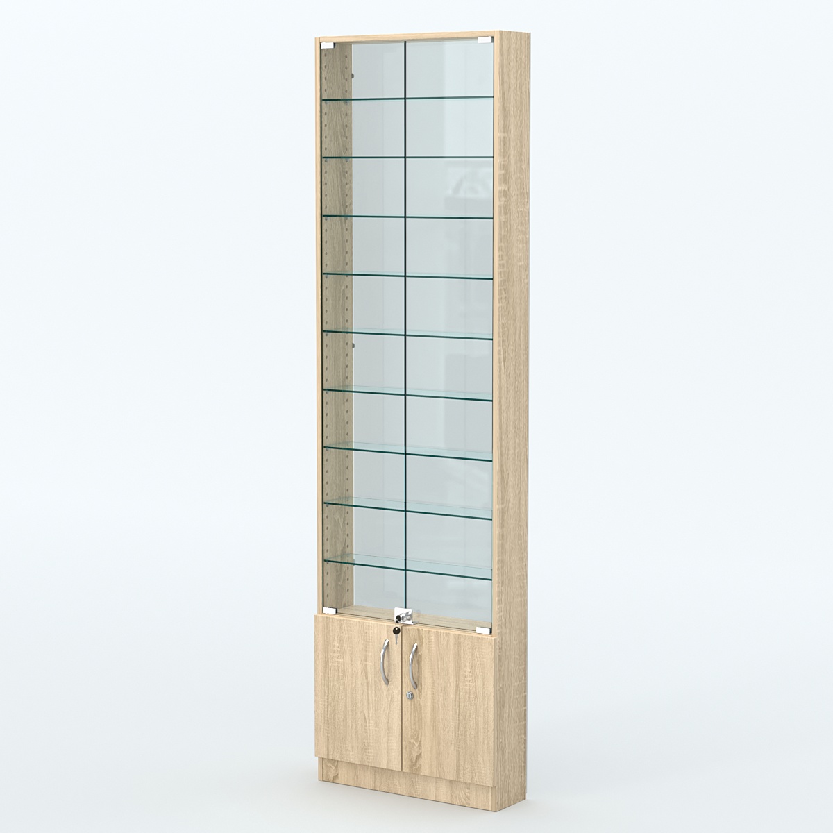 Торговая витрина с 9-ю стеклянными полками 150x600 мм серии NEXT-9 №2-1 (З/C - СТЕКЛО) Дуб сонома