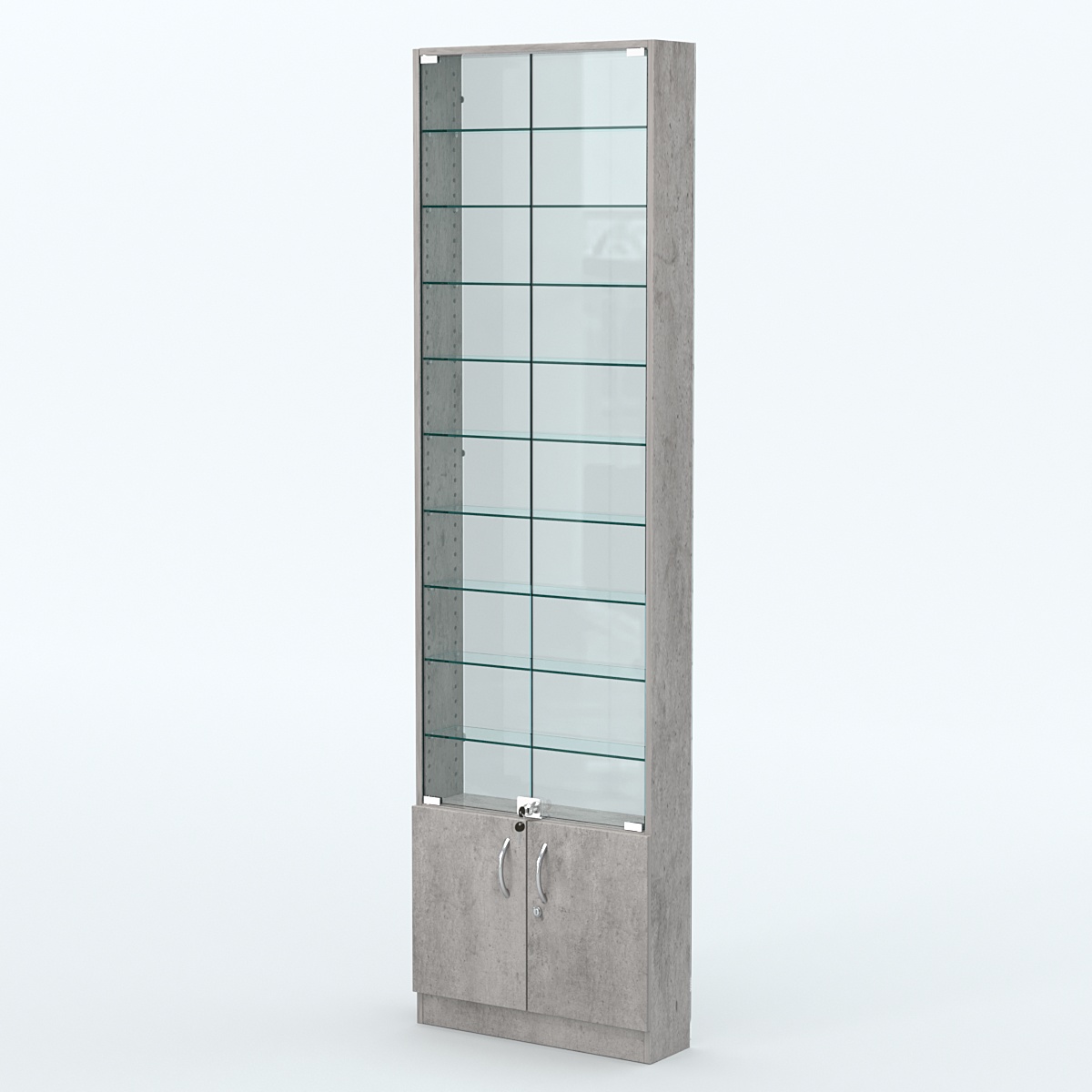 Торговая витрина с 9-ю стеклянными полками 150x600 мм серии NEXT-9 №2-1 (З/C - СТЕКЛО) Бетон Чикаго светло-серый F186 ST9