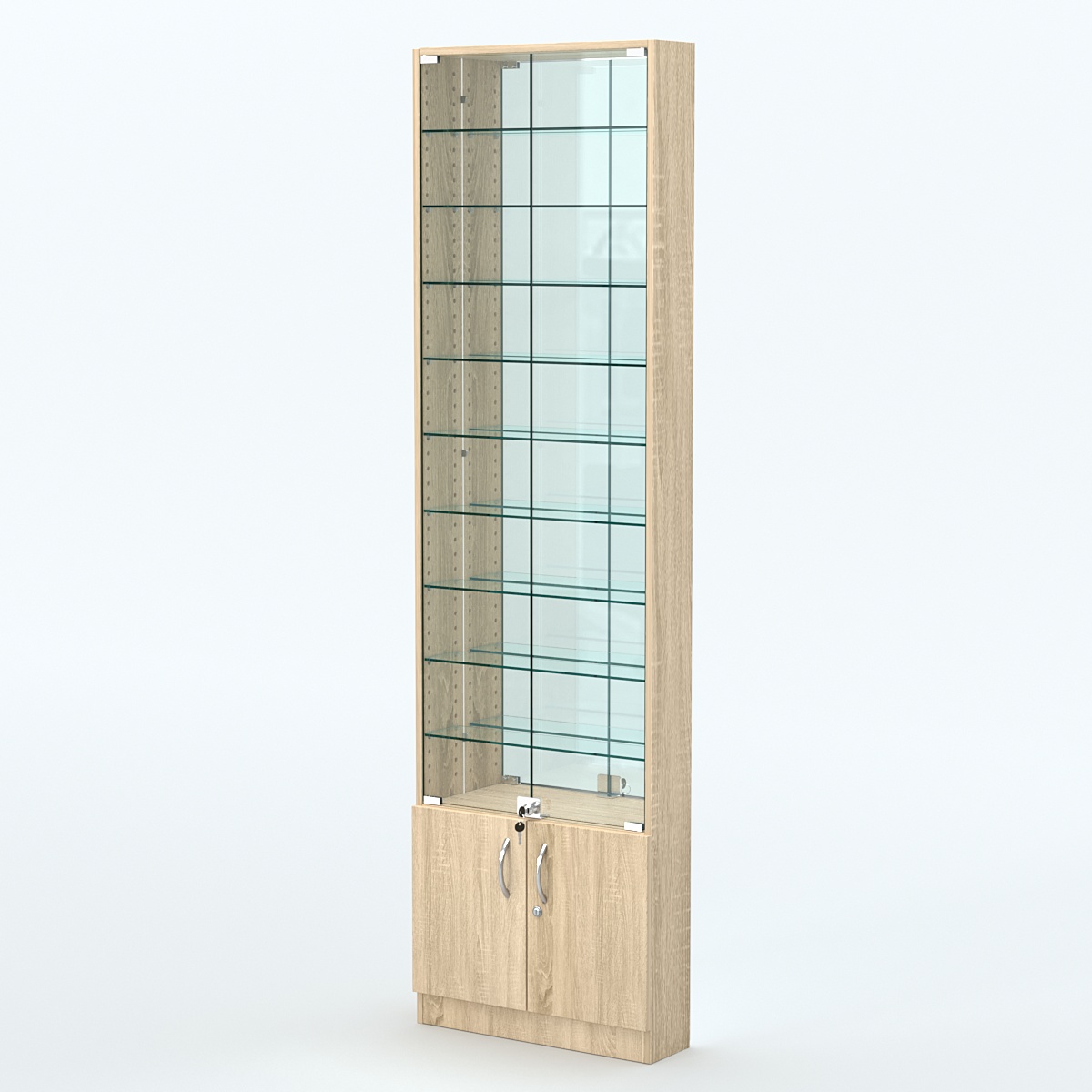 Торговая витрина с 9-ю стеклянными полками 150x600 мм серии NEXT-9 №2-2 (З/C - ЗЕРКАЛО) Дуб сонома