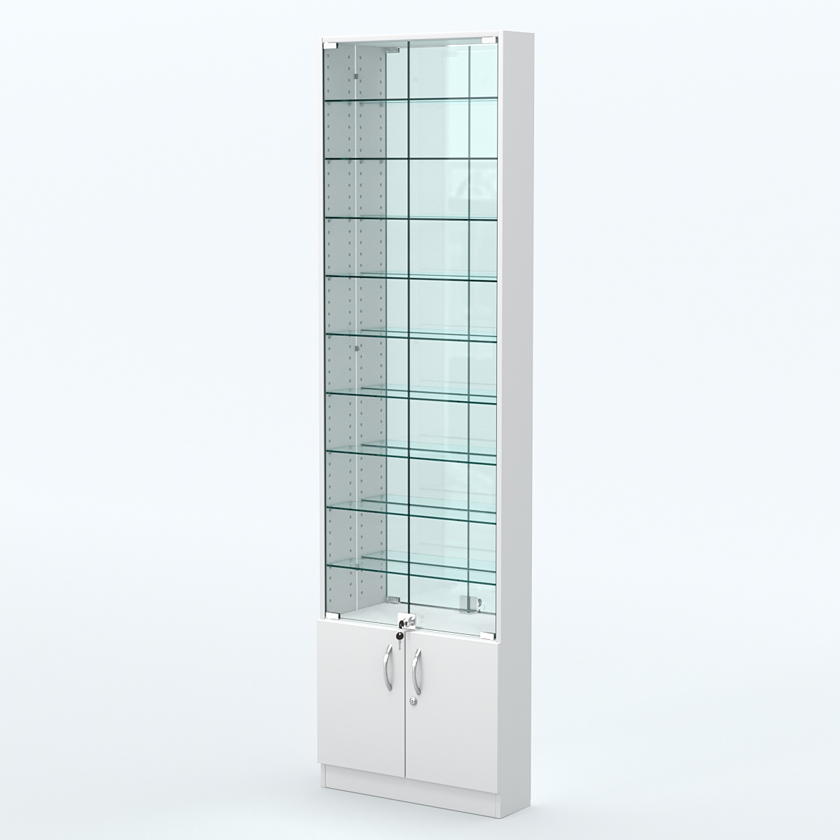 Торговая витрина с 9-ю стеклянными полками 150x600 мм серии NEXT-9 №2-2 (З/C - ЗЕРКАЛО) Белый