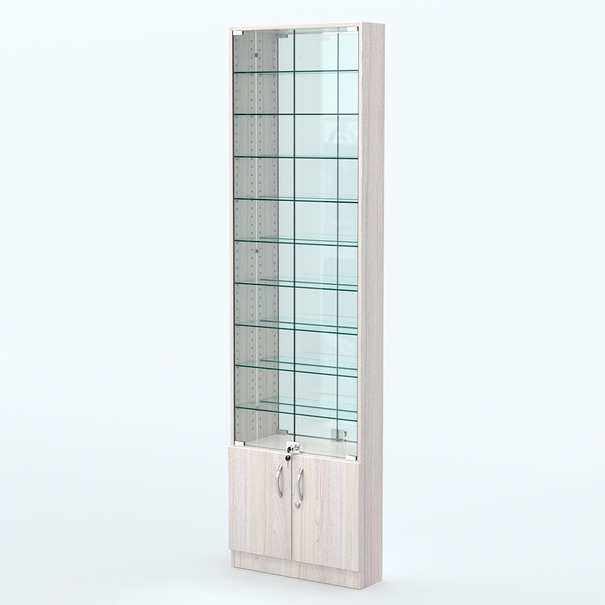 Торговая витрина с 9-ю стеклянными полками 150x600 мм серии NEXT-9 №2-2 (З/C - ЗЕРКАЛО) Ясень Анкор светлый