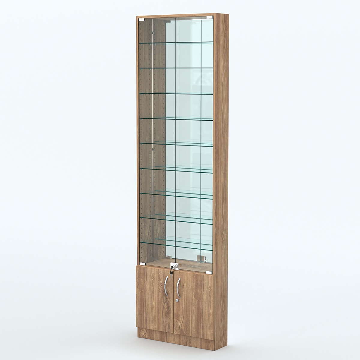 Торговая витрина с 9-ю стеклянными полками 150x600 мм серии NEXT-9 №2-2 (З/C - ЗЕРКАЛО) Дуб Канзас коричневый