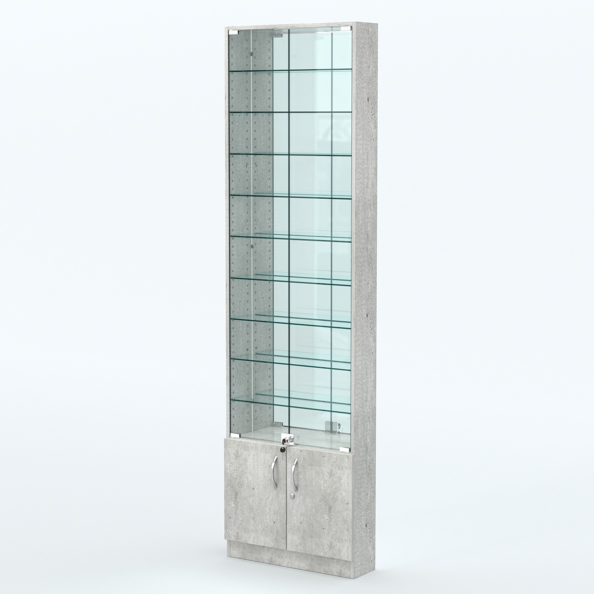 Торговая витрина с 9-ю стеклянными полками 150x600 мм серии NEXT-9 №2-2 (З/C - ЗЕРКАЛО) Метрополитан Грей