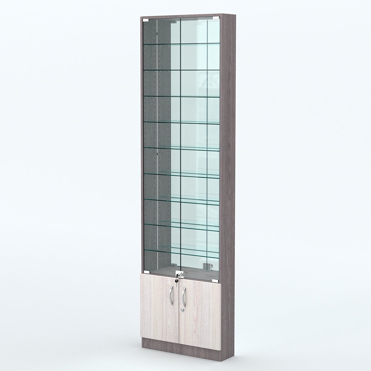 Торговая витрина с 9-ю стеклянными полками 150x600 мм серии NEXT-9 №2-2 (З/C - ЗЕРКАЛО) Ясень Анкор темный + Ясень Анкор светлый