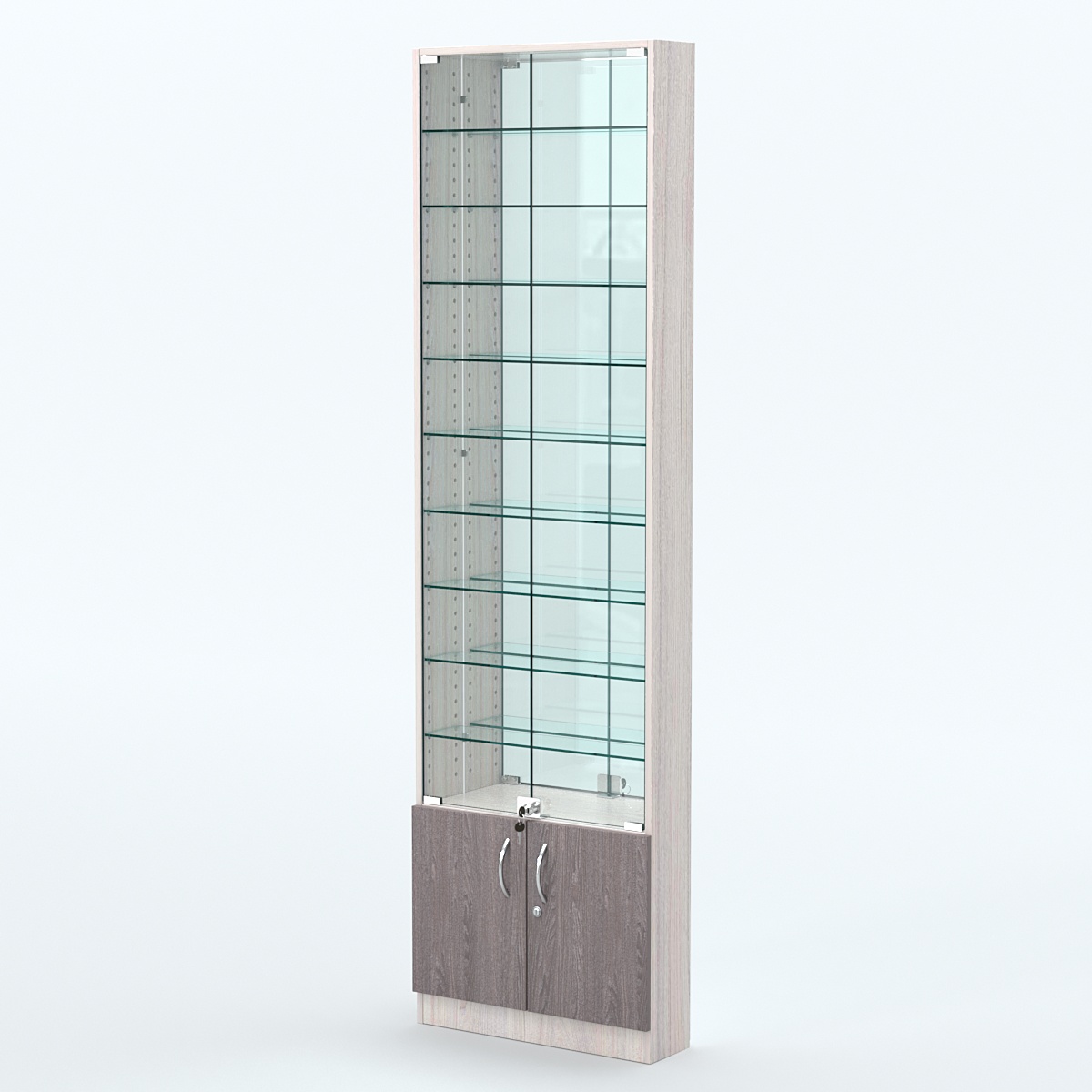 Торговая витрина с 9-ю стеклянными полками 150x600 мм серии NEXT-9 №2-2 (З/C - ЗЕРКАЛО) Ясень Анкор светлый + Ясень Анкор темный