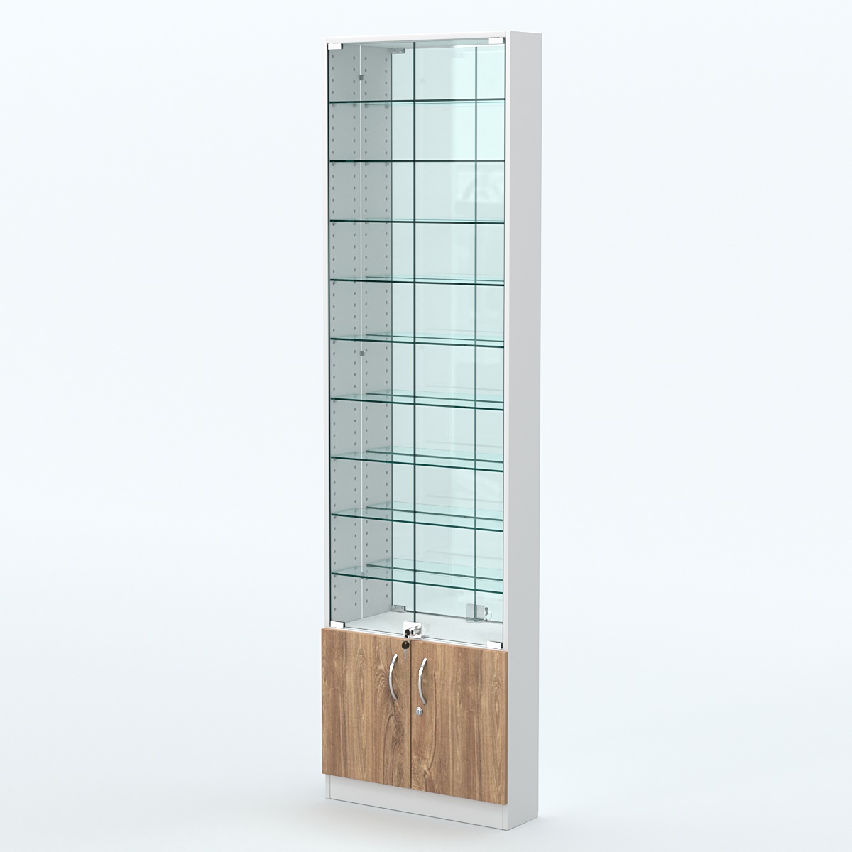 Торговая витрина с 9-ю стеклянными полками 150x600 мм серии NEXT-9 №2-2 (З/C - ЗЕРКАЛО) Белый + Дуб канзас коричневый