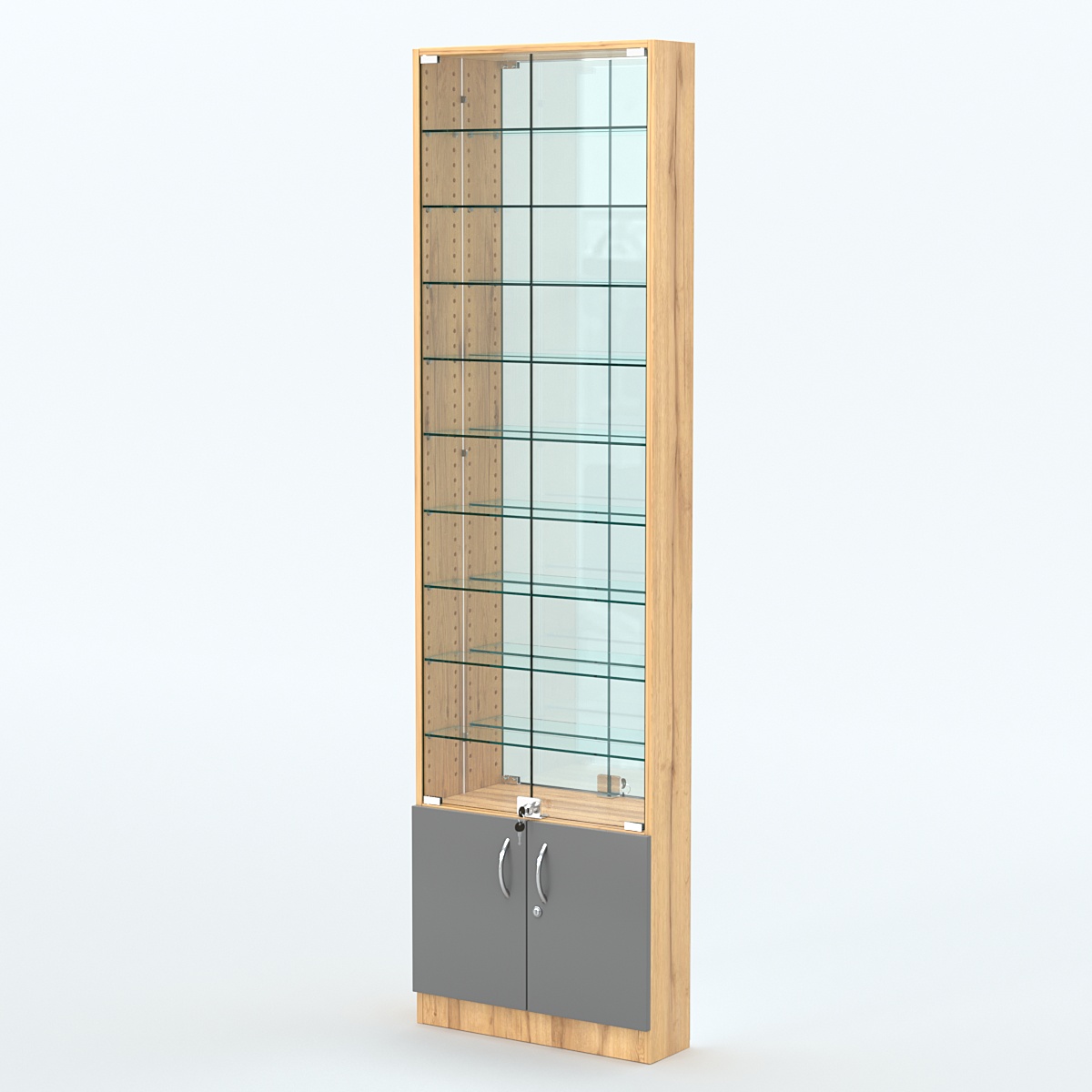 Торговая витрина с 9-ю стеклянными полками 150x600 мм серии NEXT-9 №2-2 (З/C - ЗЕРКАЛО) Дуб Золотистый и Темно-Серый