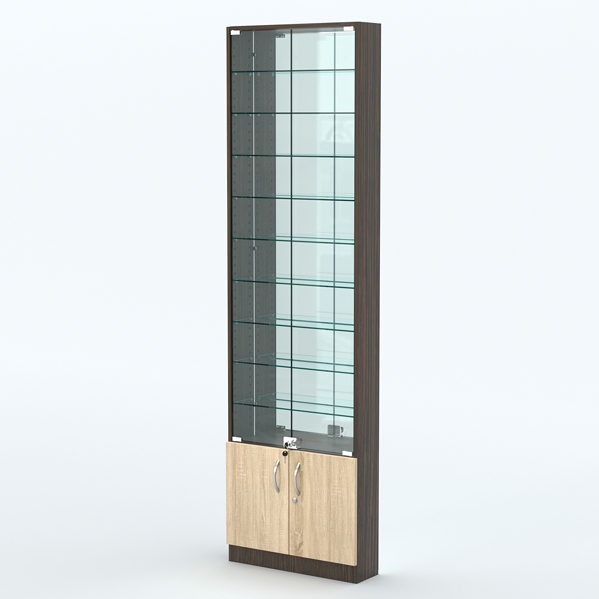 Торговая витрина с 9-ю стеклянными полками 150x600 мм серии NEXT-9 №2-2 (З/C - ЗЕРКАЛО) Дуб Венге + Дуб Сонома