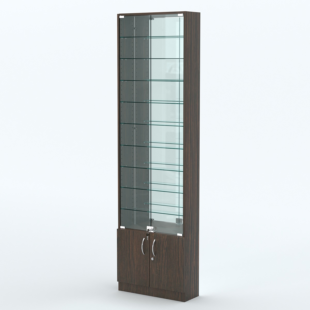 Торговая витрина с 9-ю стеклянными полками 200x600 мм серии NEXT-9 №3-2 (З/C - ЗЕРКАЛО) Дуб Венге