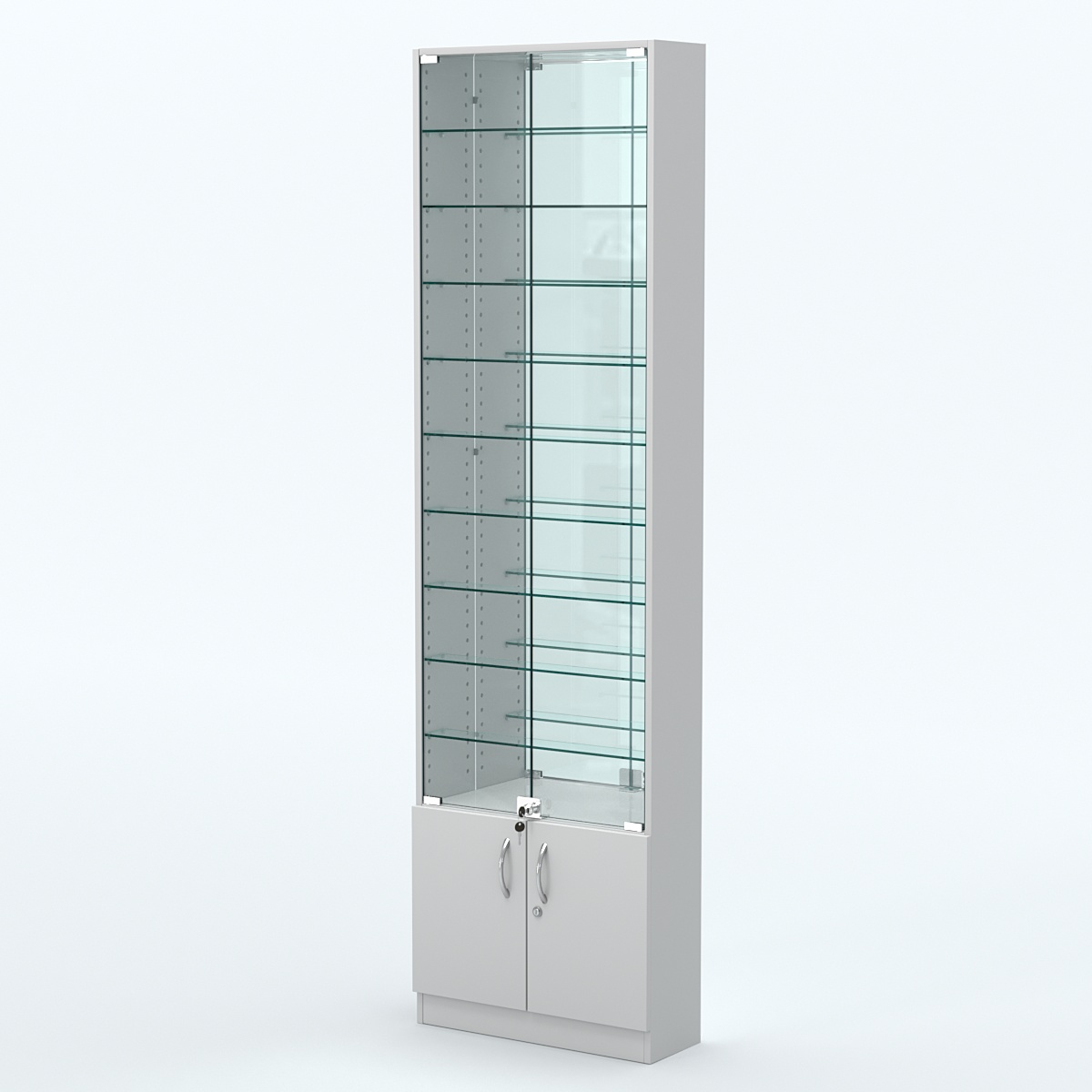 Торговая витрина с 9-ю стеклянными полками 200x600 мм серии NEXT-9 №3-2 (З/C - ЗЕРКАЛО) Серый
