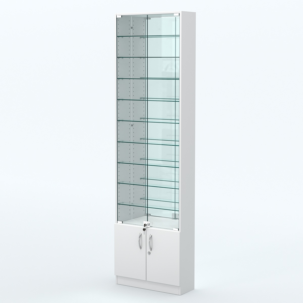 Торговая витрина с 9-ю стеклянными полками 200x600 мм серии NEXT-9 №3-2 (З/C - ЗЕРКАЛО) Белый