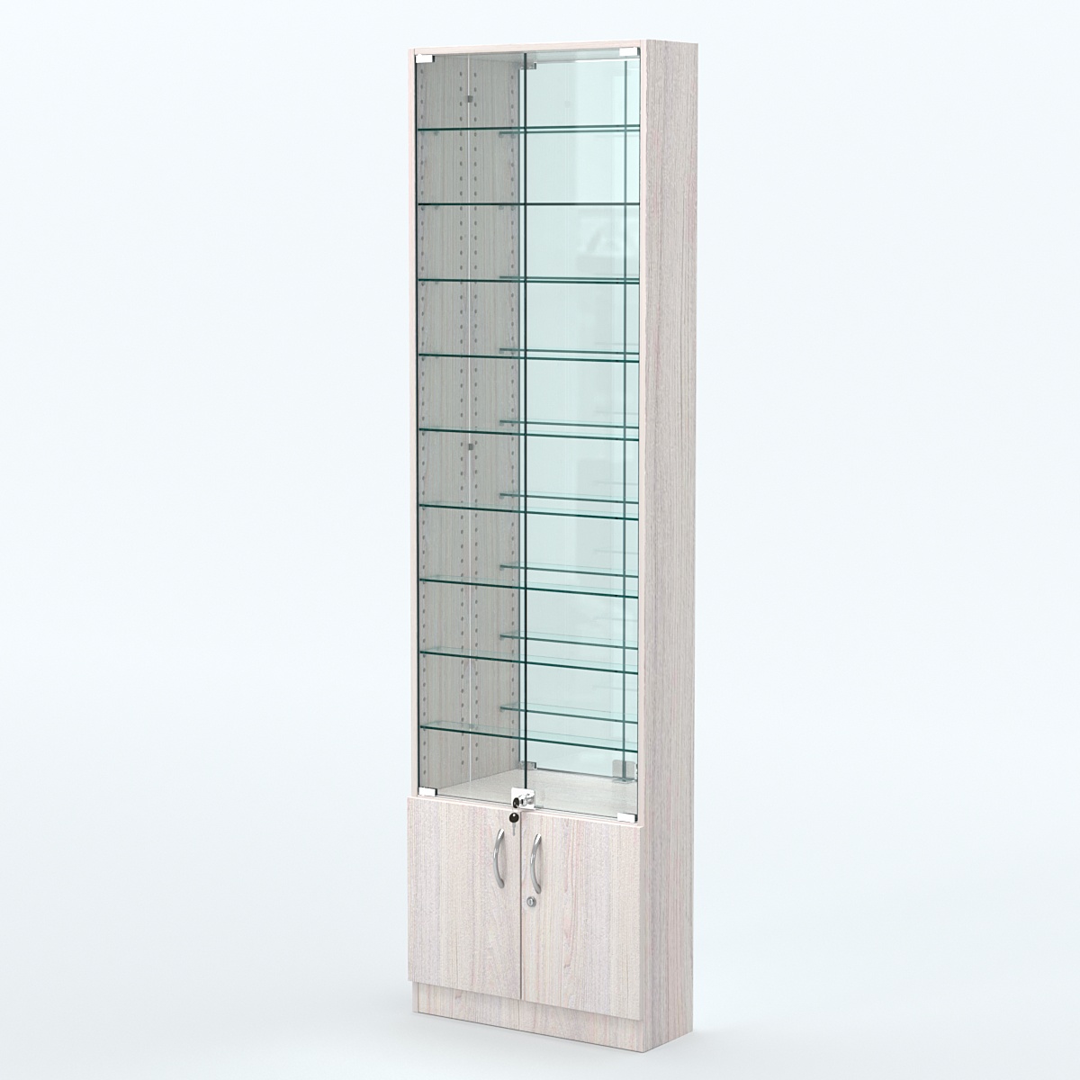 Торговая витрина с 9-ю стеклянными полками 200x600 мм серии NEXT-9 №3-2 (З/C - ЗЕРКАЛО) Ясень Анкор светлый