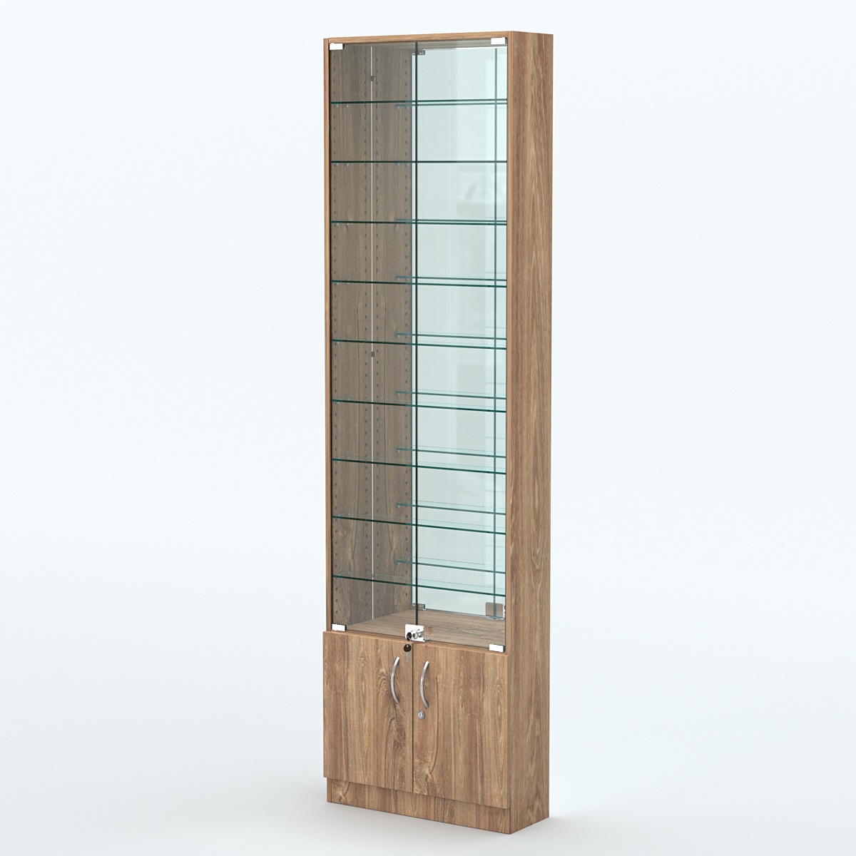 Торговая витрина с 9-ю стеклянными полками 200x600 мм серии NEXT-9 №3-2 (З/C - ЗЕРКАЛО) Дуб Канзас коричневый