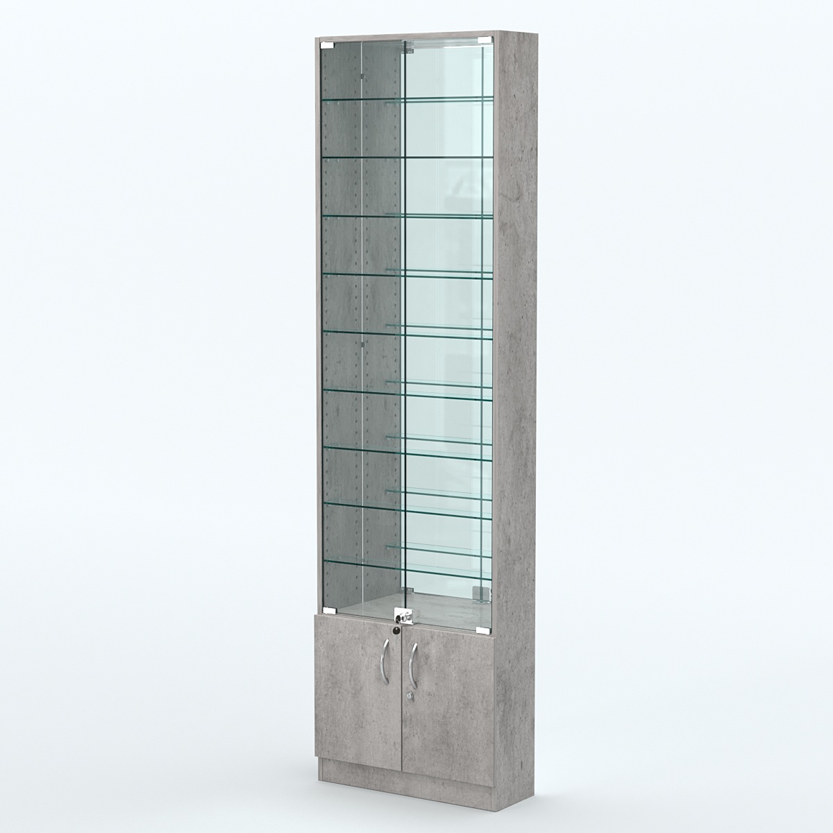 Торговая витрина с 9-ю стеклянными полками 200x600 мм серии NEXT-9 №3-2 (З/C - ЗЕРКАЛО) Бетон Чикаго светло-серый F186 ST9