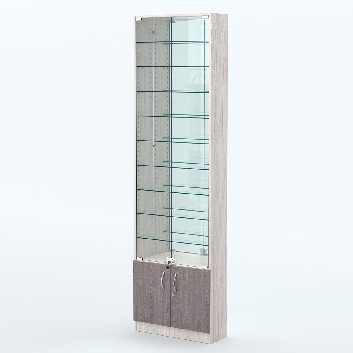 Торговая витрина с 9-ю стеклянными полками 200x600 мм серии NEXT-9 №3-2 (З/C - ЗЕРКАЛО) Ясень Анкор светлый + Ясень Анкор темный