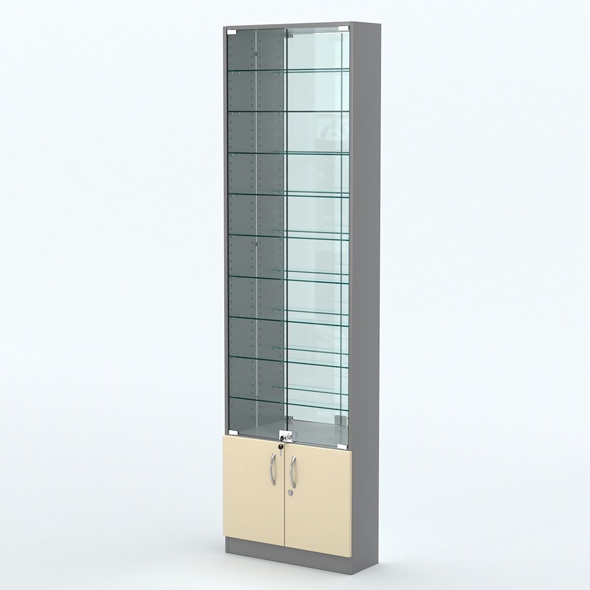 Торговая витрина с 9-ю стеклянными полками 200x600 мм серии NEXT-9 №3-2 (З/C - ЗЕРКАЛО) Темно-серый + Крем Вайс