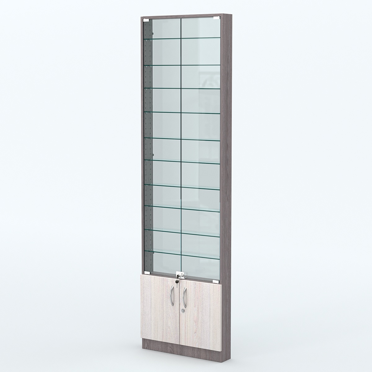 Торговая витрина с 10-ю стеклянными полками 100x600 мм серии NEXT-10 №1-1 (З/C - СТЕКЛО) Ясень Анкор темный + Ясень Анкор светлый