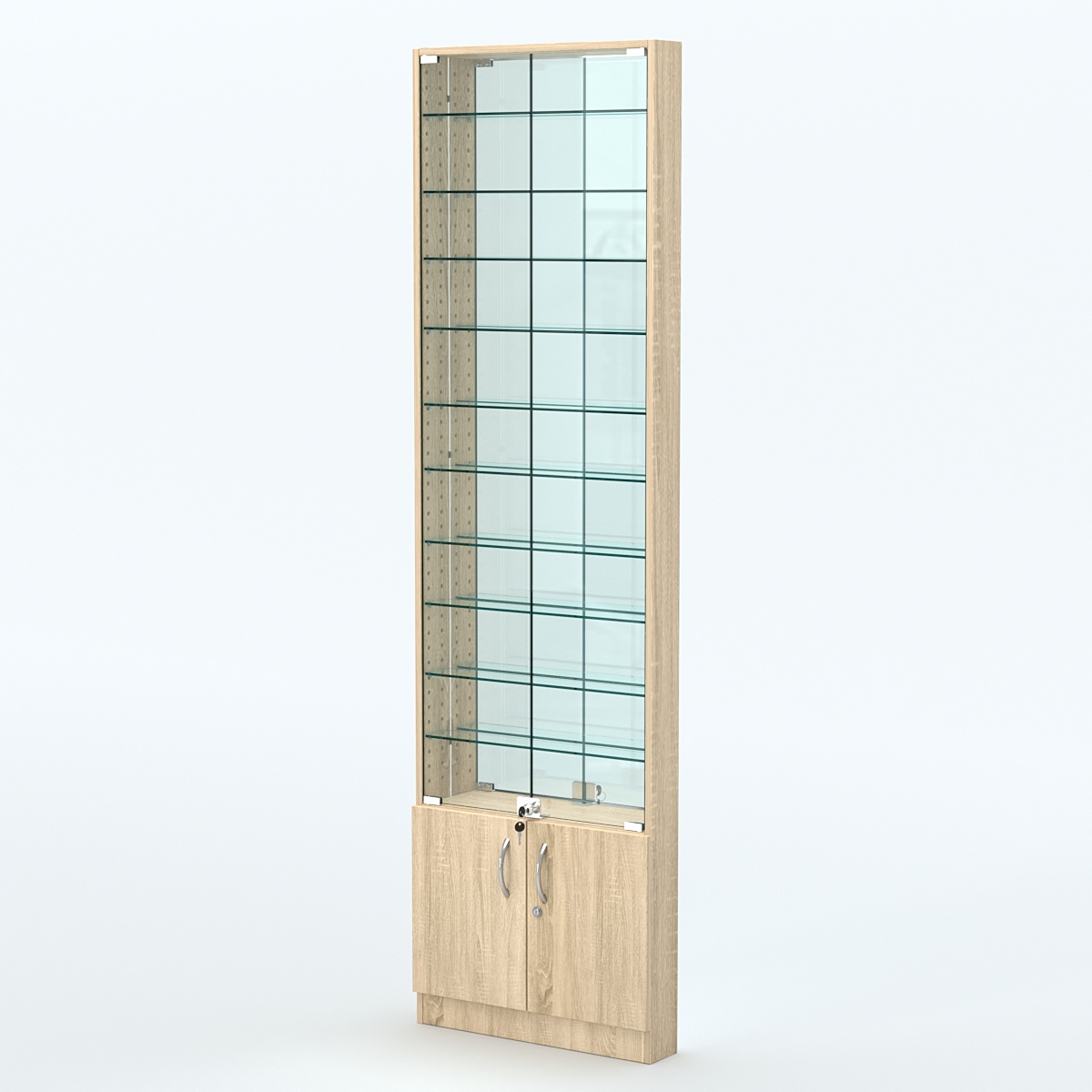 Торговая витрина с 10-ю стеклянными полками 100x600 мм серии NEXT-10 №1-2 (З/C - ЗЕРКАЛО) Дуб сонома