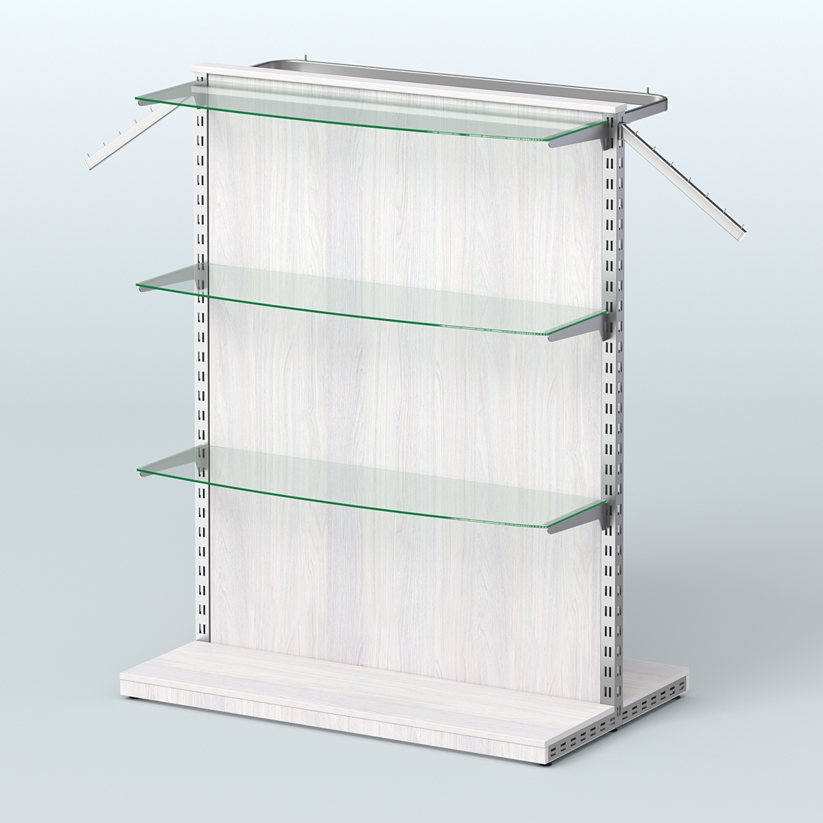 Система ЭЛЕГАНТ островная с разделителем из ДСП, тремя прозрачными полками и прямым поручнем №7 Ясень Анкор светлый