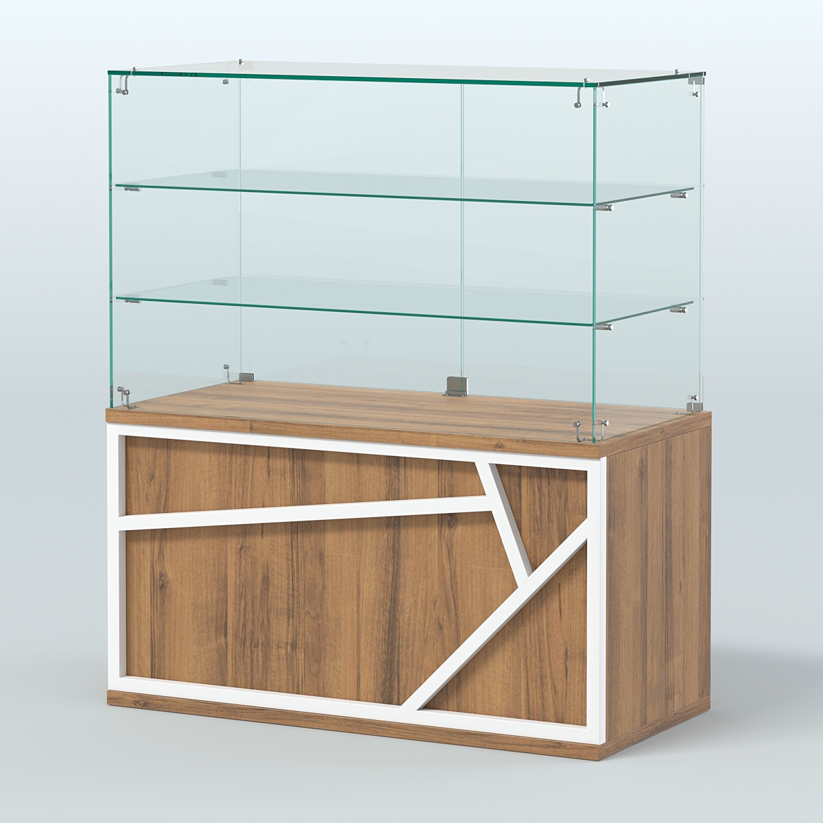 Торговый прилавок невысокий с двумя полками серии ЛОФТ - АЛЬФА №32 Орех + Белый