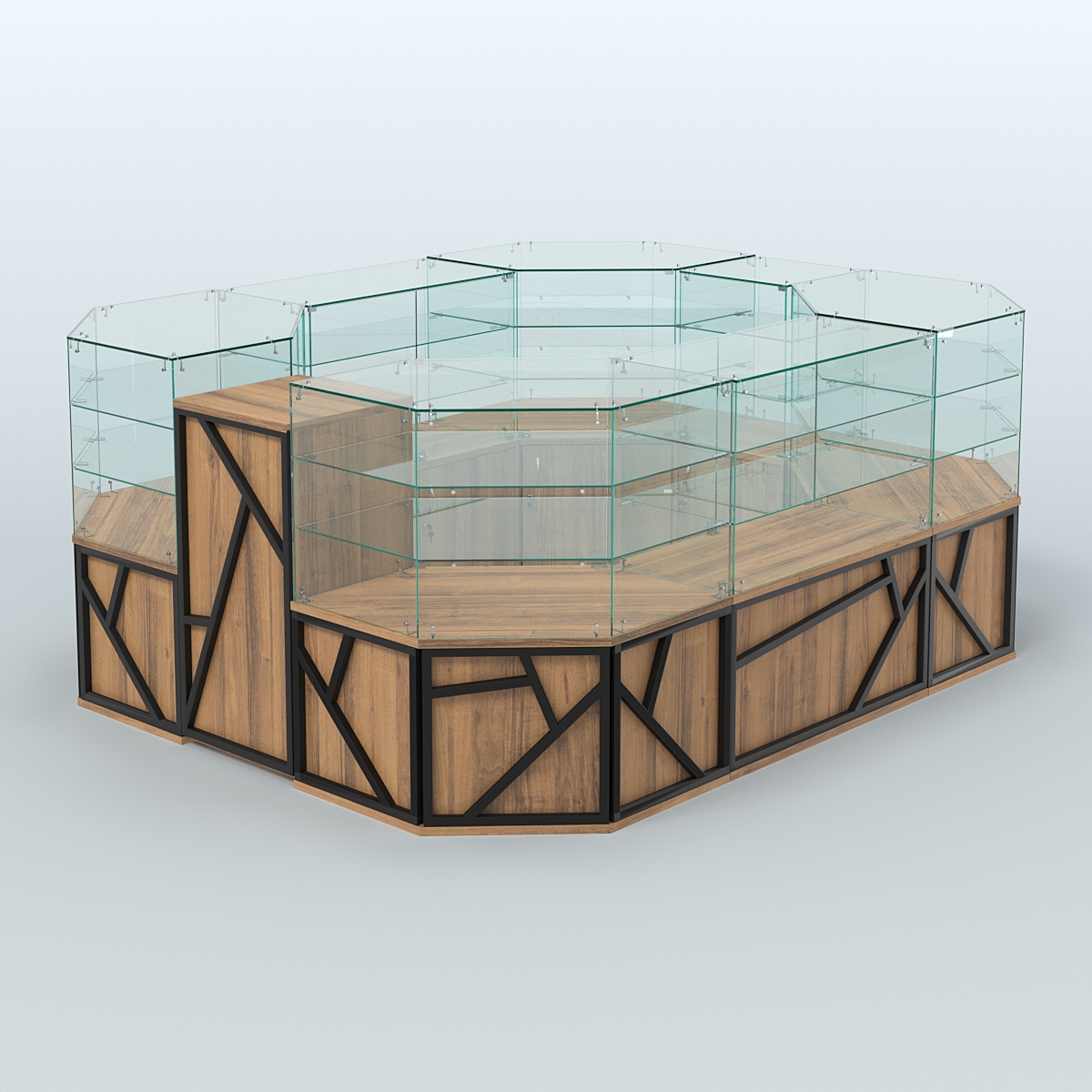 Торговый прямоугольный островок серии ЛОФТ - АЛЬФА (СОНОМА + ЧЁРНЫЙ) №1 Орех