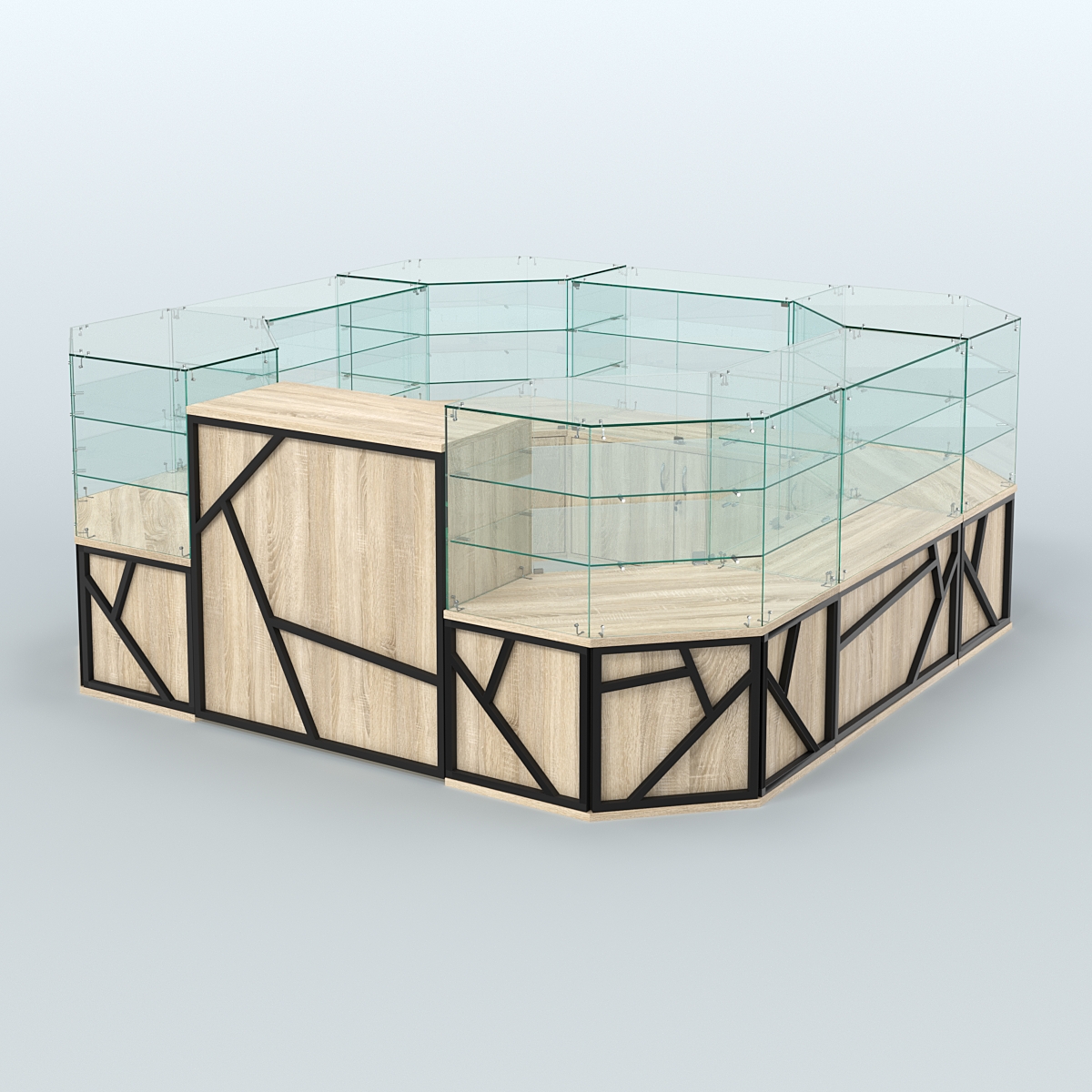 Торговый стеклянный островок серии ЛОФТ - АЛЬФА (СОНОМА + ЧЁРНЫЙ) №2 Дуб сонома