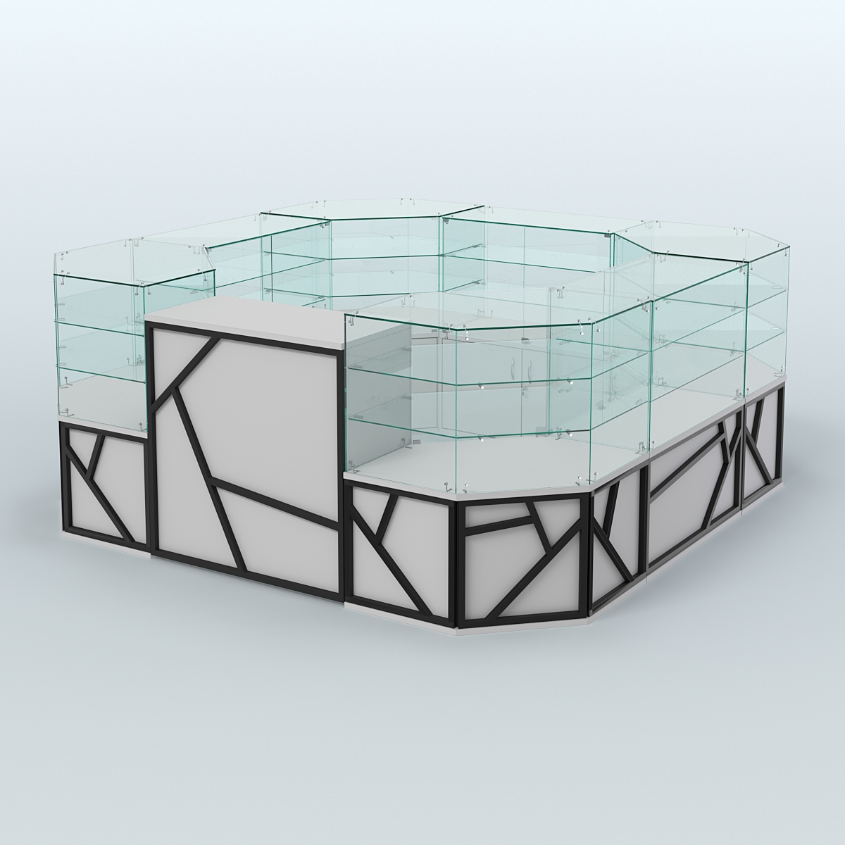 Торговый стеклянный островок серии ЛОФТ - АЛЬФА (СОНОМА + ЧЁРНЫЙ) №2 Серый
