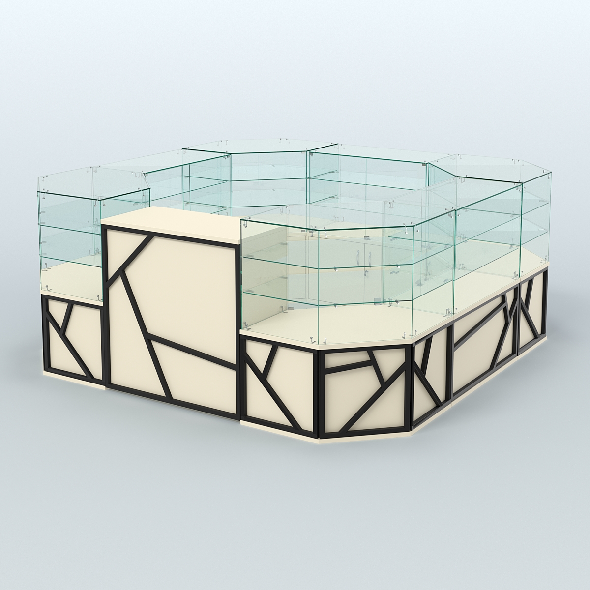 Торговый стеклянный островок серии ЛОФТ - АЛЬФА (СОНОМА + ЧЁРНЫЙ) №2 Крем Вайс